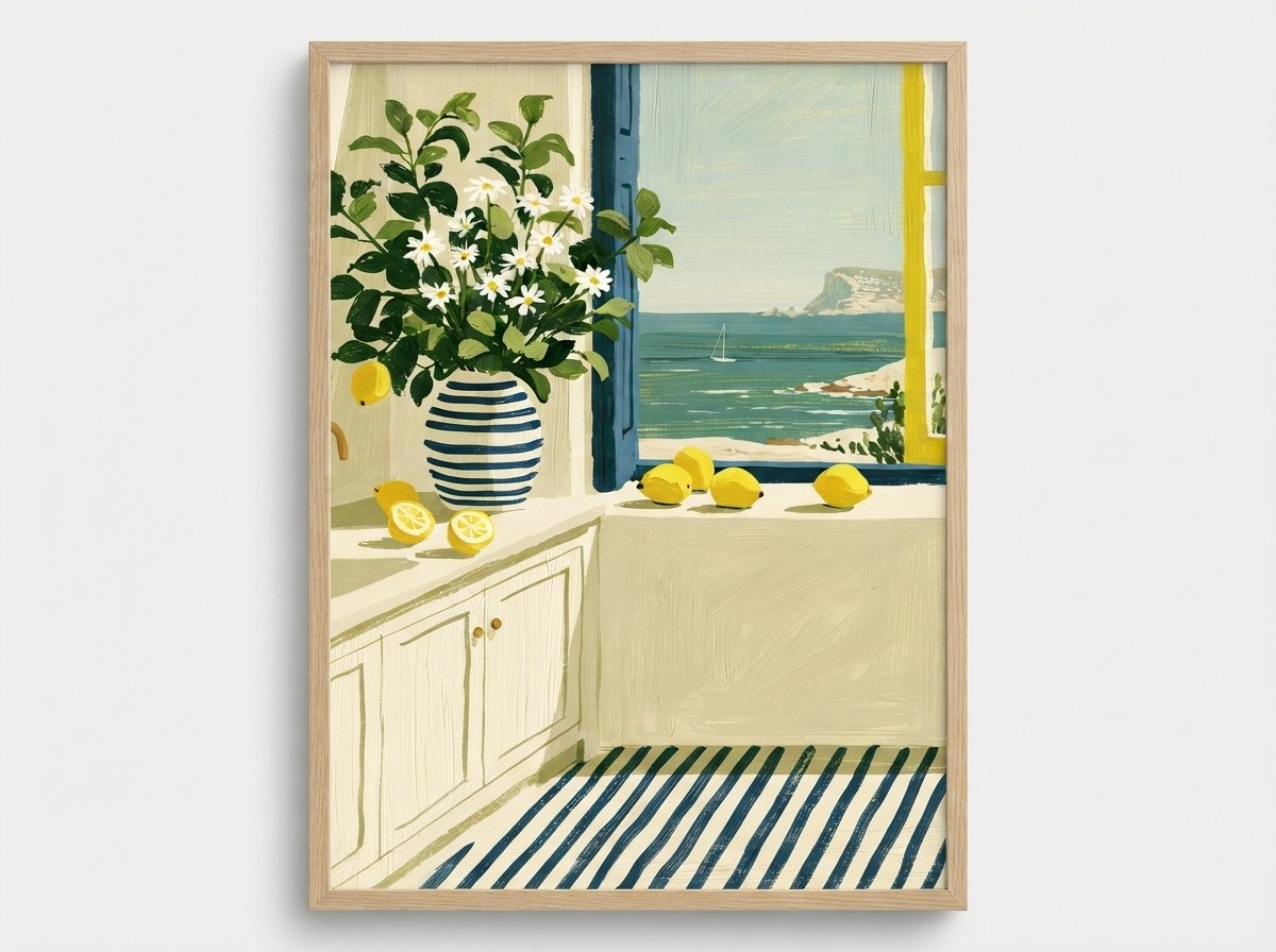 Amalfi limonlu pencere manzarası posteri, sade zeminde doğal ahşap çerçeveli önden görünüm