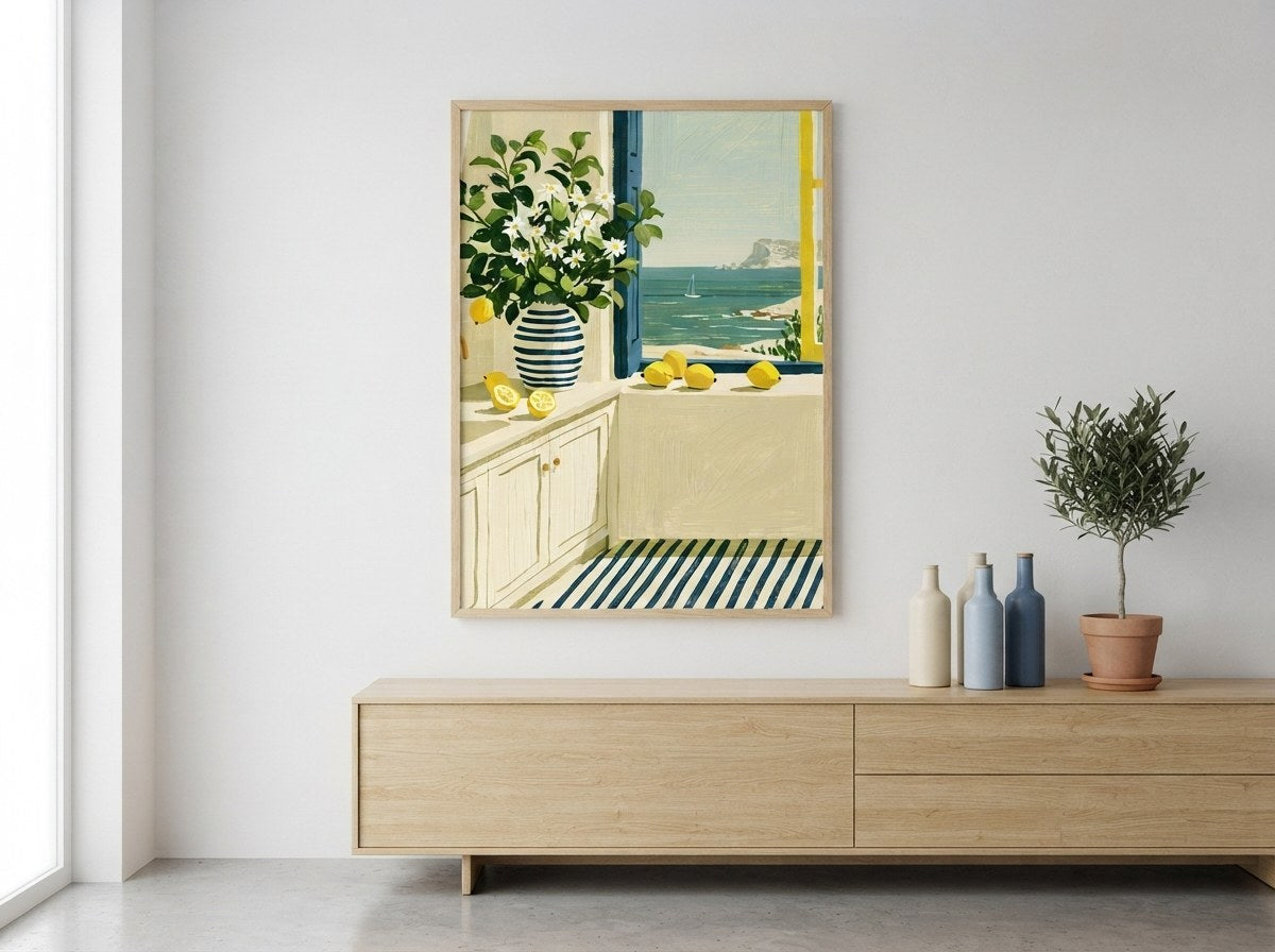 Limonlu pencere posteri, beyaz duvarda ahşap dolabın üstünde çerçeveli