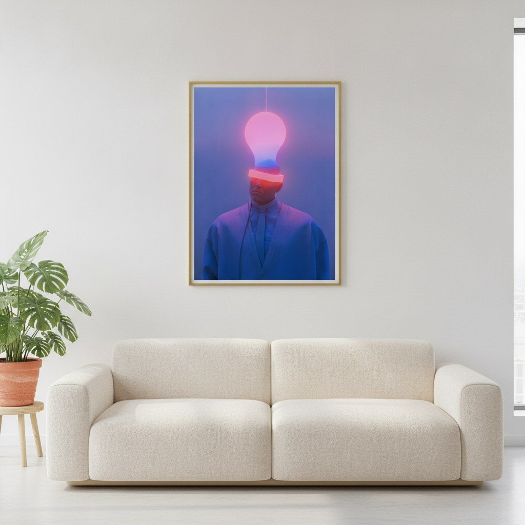 Neon ampul başlı adam posteri, salonda krem kanepenin üstünde ahşap çerçeveli