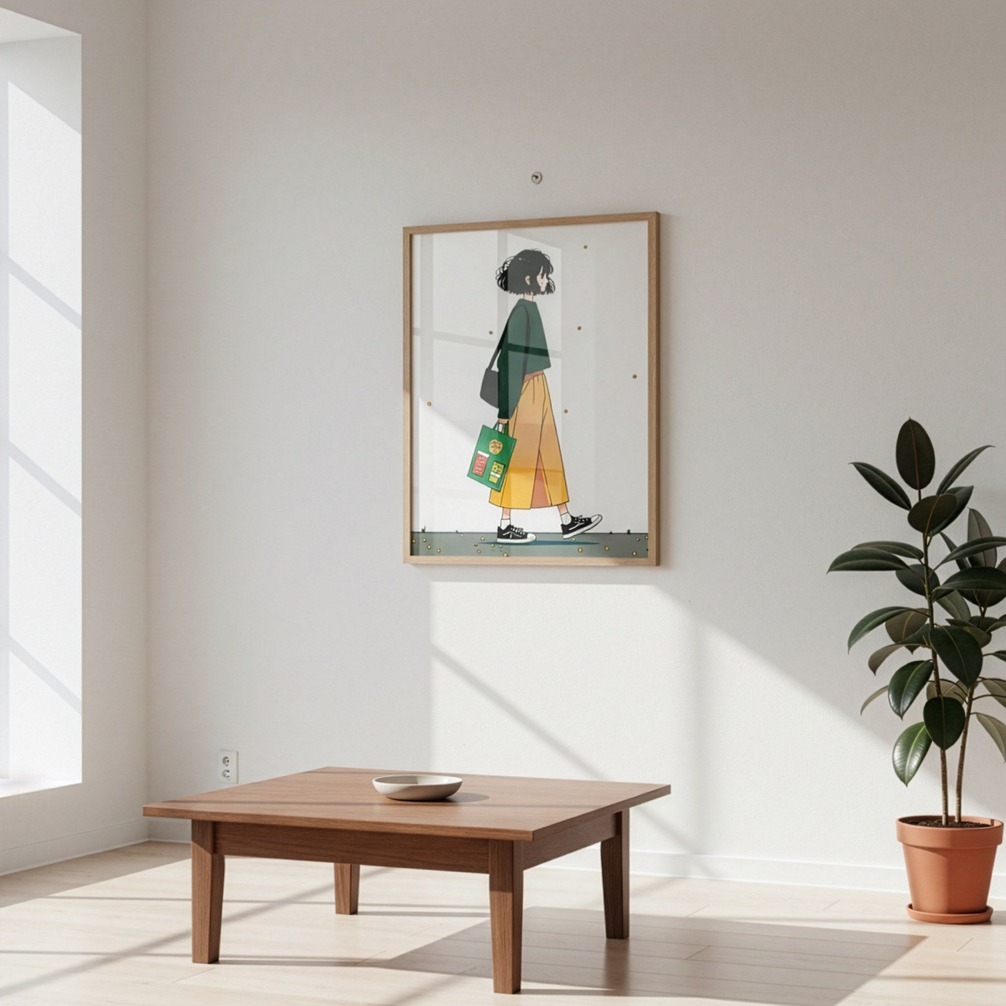Minimalist anime kız posteri, beyaz salon duvarında ahşap çerçeveli, sehpa ve saksı yanında