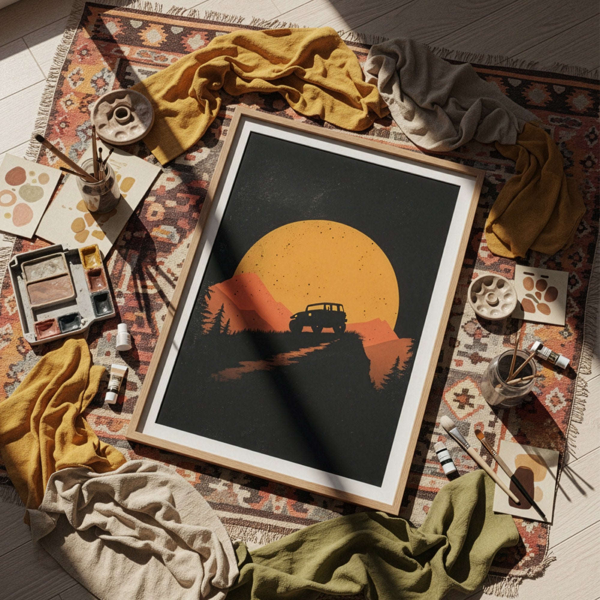Dağ manzaralı arazi aracı posteri, kilim üzerinde ahşap çerçeveli ve paspartulu