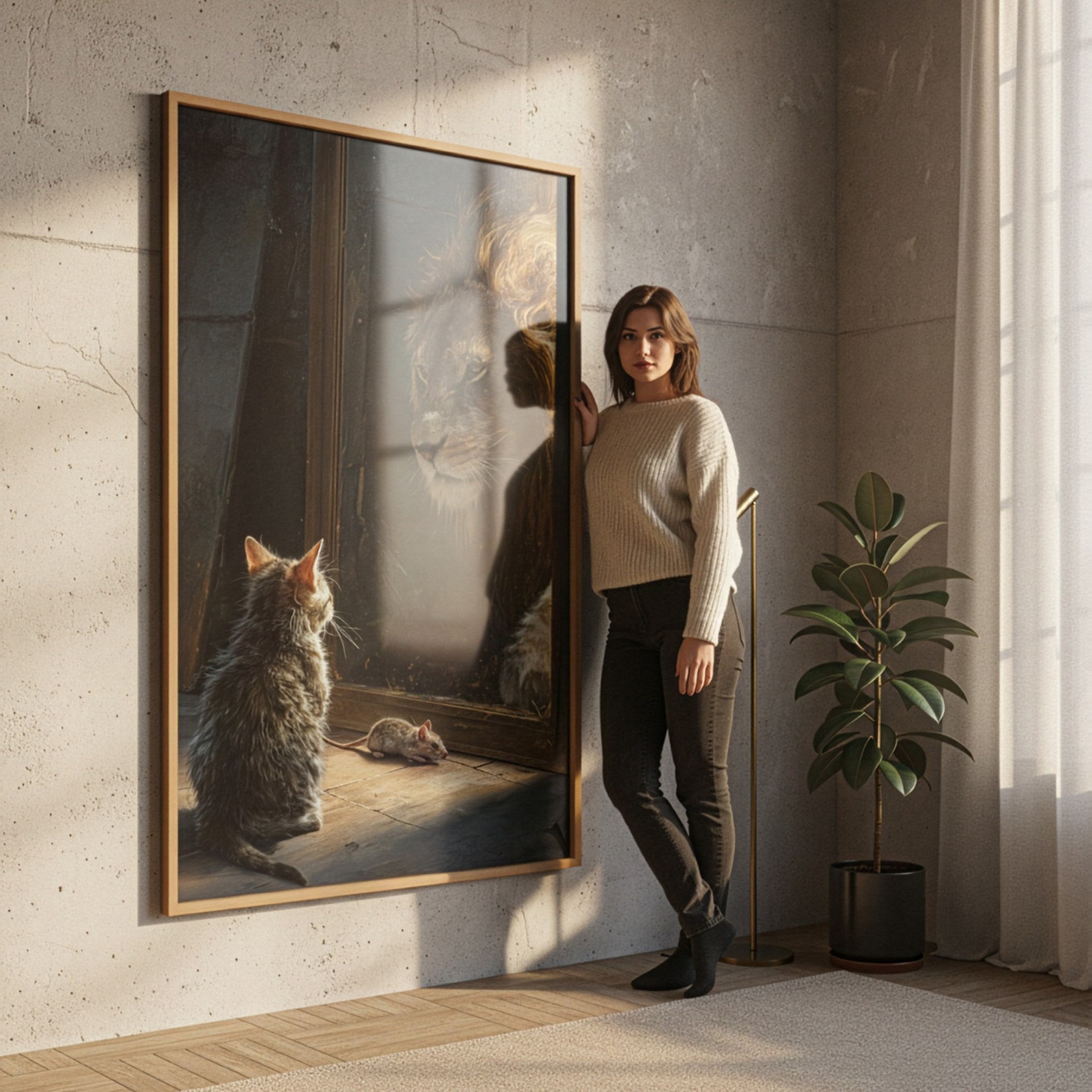 Büyük boy kedi ve aslan posteri, yanında duran kişiyle ölçek karşılaştırması