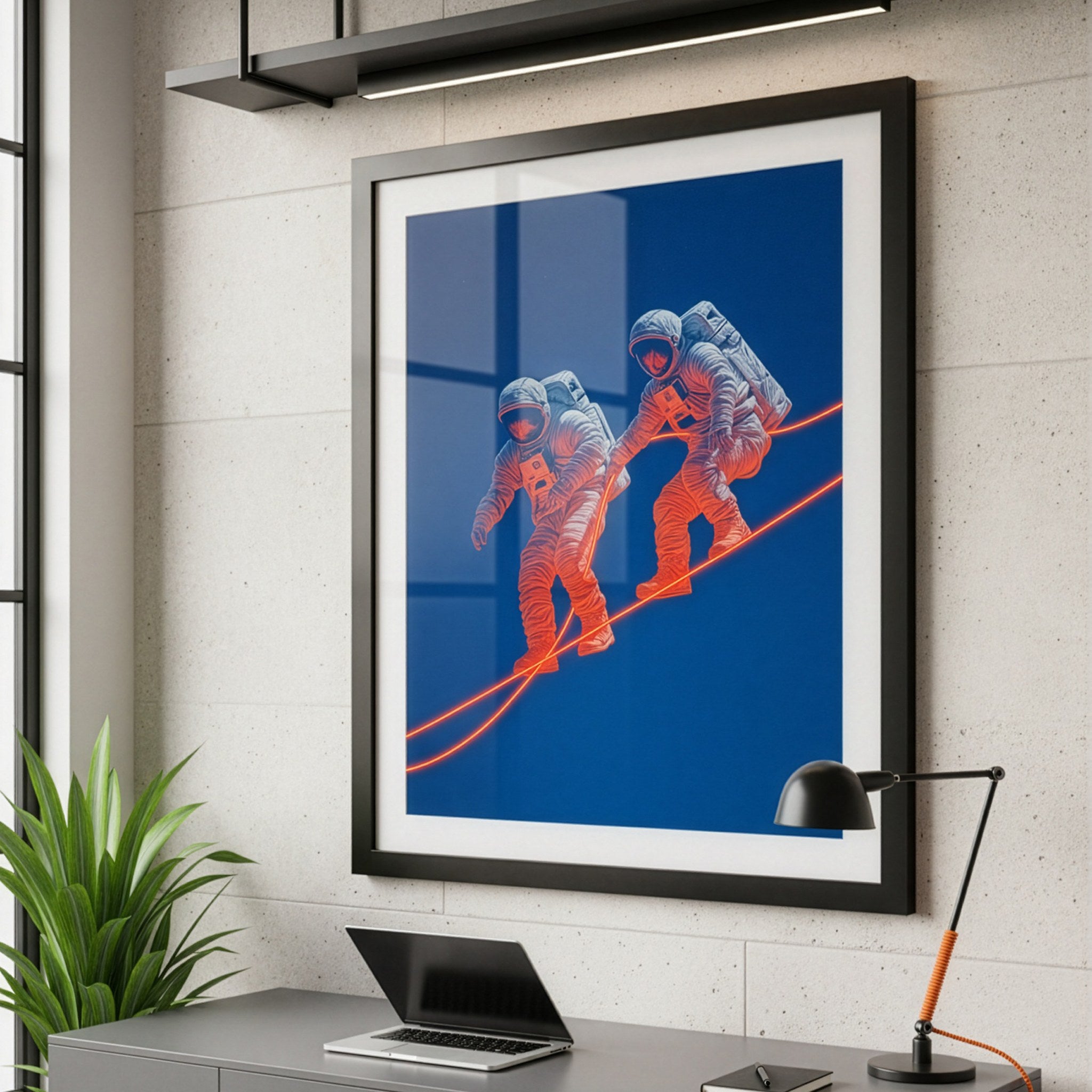 Astronot neon çizgi posteri, çalışma masasının üstünde paspartulu siyah çerçeveli