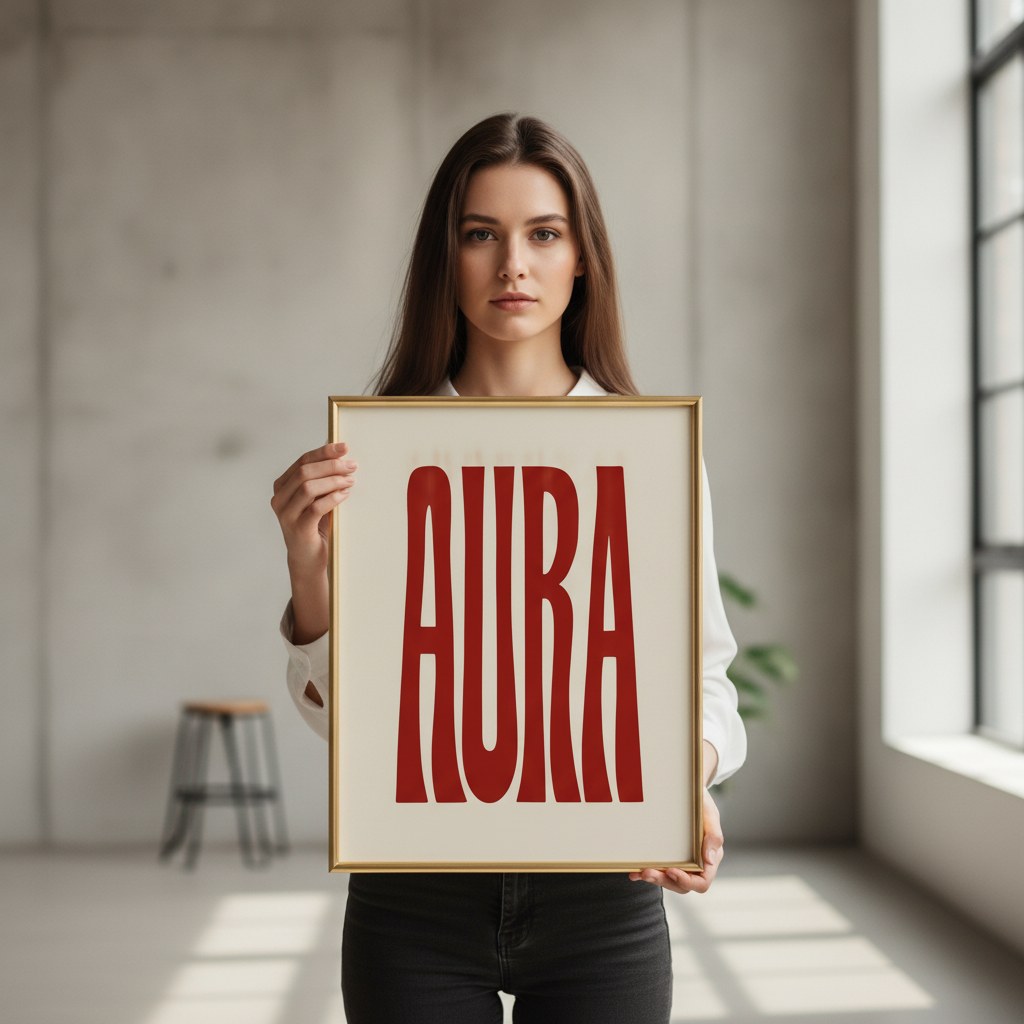 AURA retro tipografi posteri, çerçeveli haliyle elde tutularak ölçek gösterimi