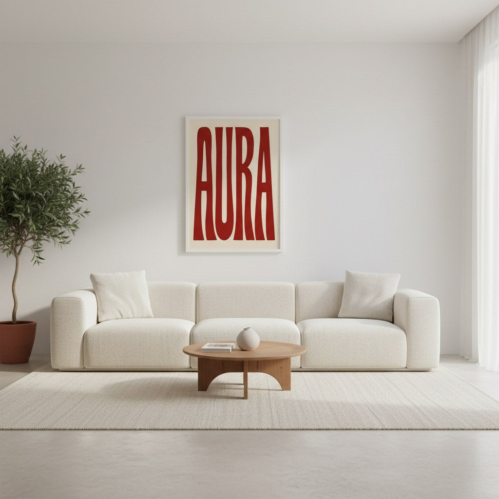 AURA tipografi posteri, beyaz kanepeli minimal salonun duvarında çerçeveli