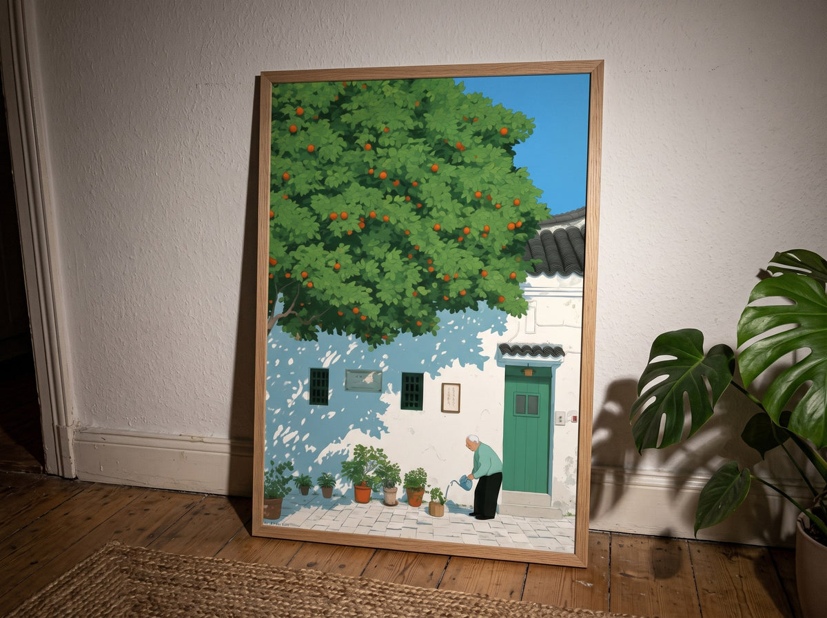 Modern bahçe illüstrasyonu posteri, ahşap zemine yaslanmış, monstera bitkisi ve jüt halıyla flaşlı çekimde