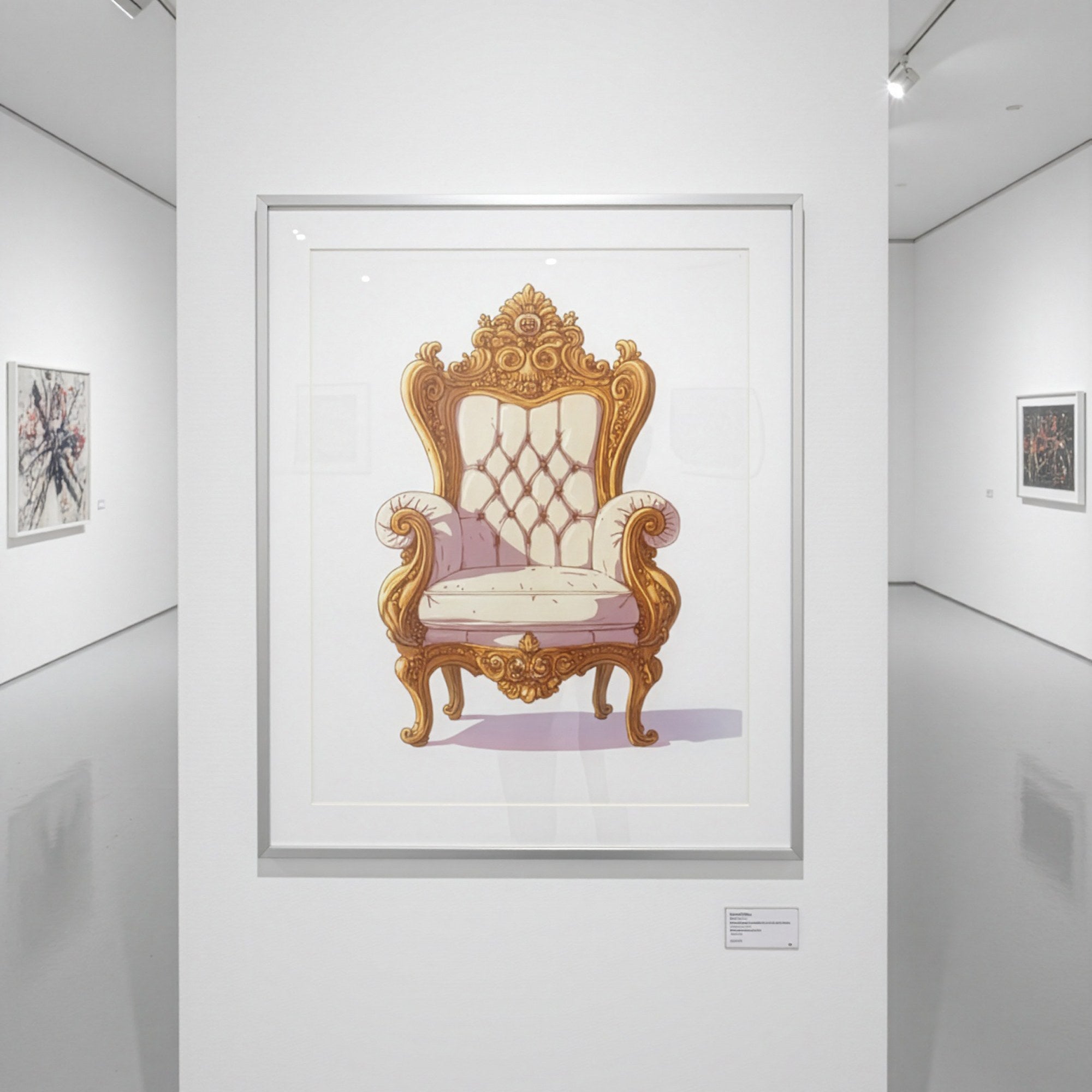 Barok koltuk illüstrasyonu posteri, galeri duvarında geniş paspartulu beyaz çerçeveli