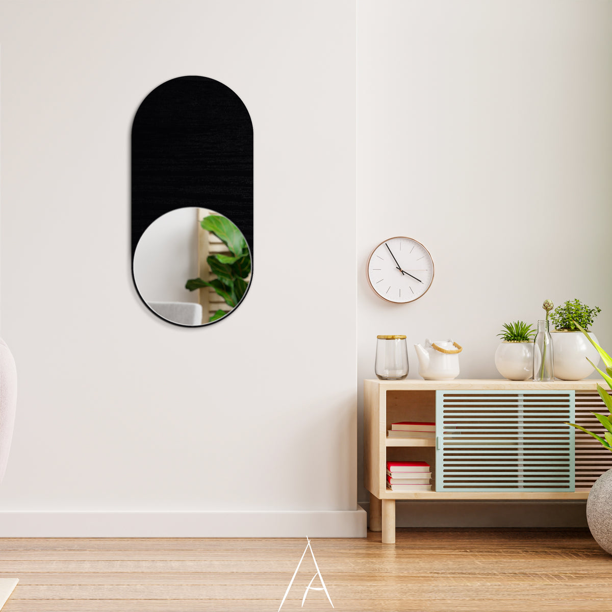 Modern oval ahşap çerçeveli ayna genel görünüm, minimalist duvar aynası