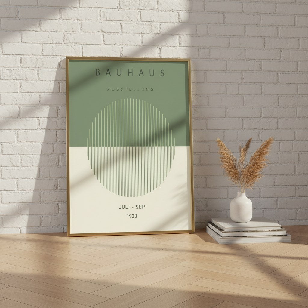 Bauhaus 1923 yeşil posteri, beyaz tuğla duvara yaslanmış doğal ahşap çerçeveli
