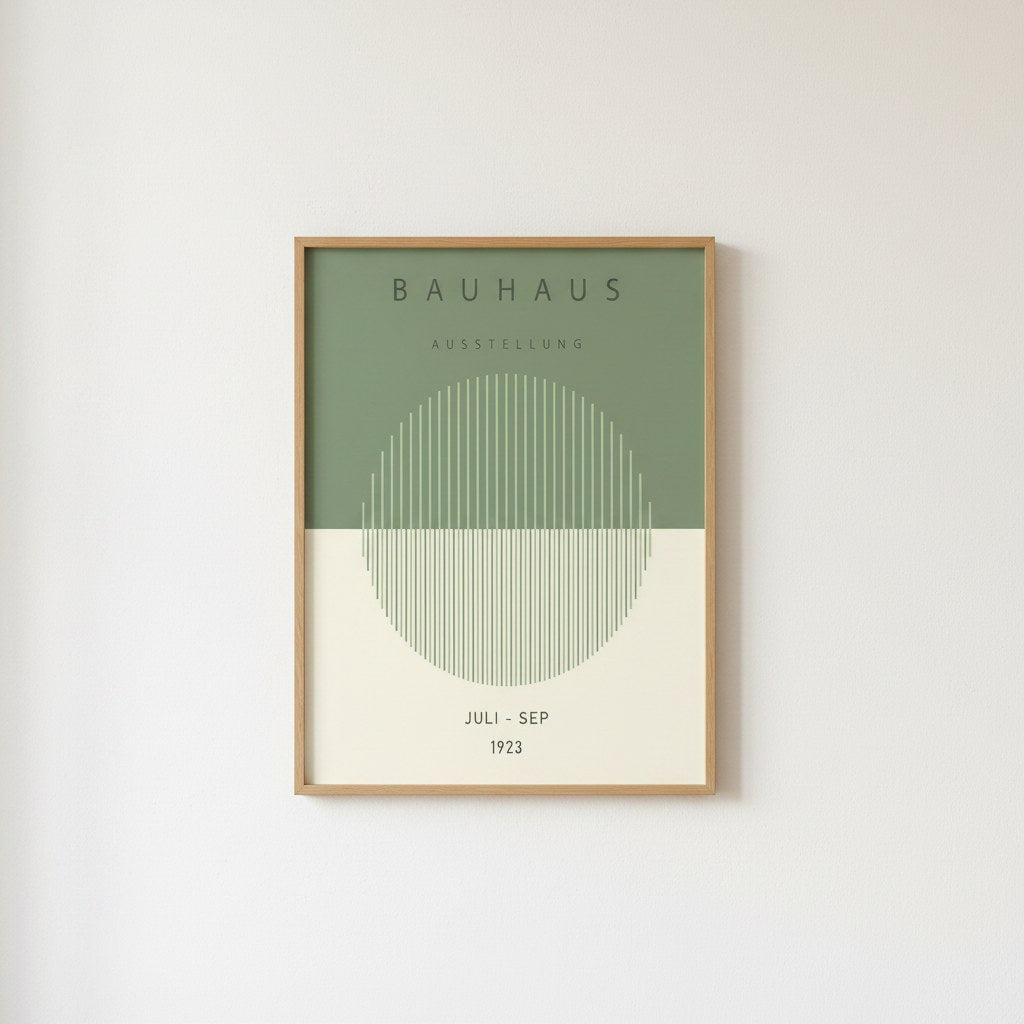 Bauhaus Ausstellung 1923 geometrik posteri, beyaz duvarda açık ahşap çerçeveli