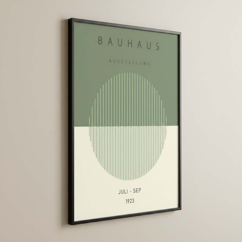 Bauhaus Ausstellung posteri, açılı görünümde siyah çerçeveli modern duvar sanatı