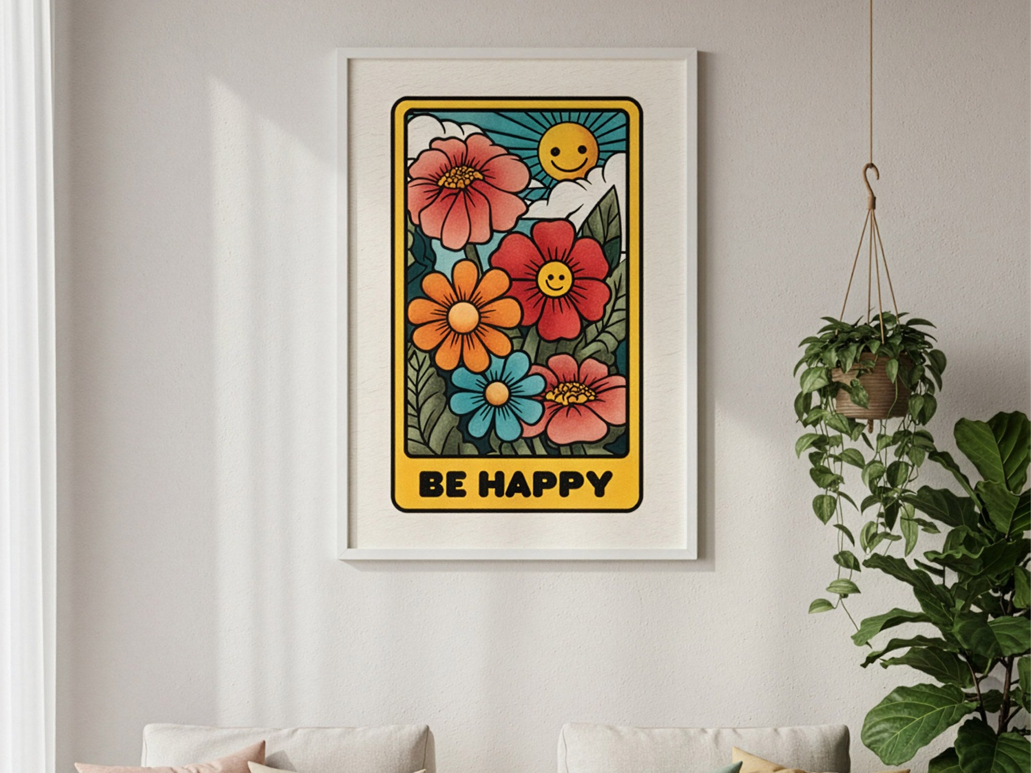Be Happy çiçekli motivasyon posteri, açık renkli duvarda beyaz çerçeveli