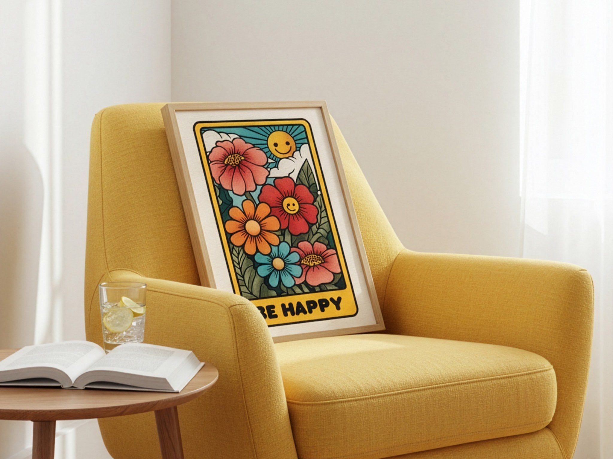 Be Happy çiçekli poster, sarı koltuk üzerinde çerçeveli hediyelik duvar dekoru