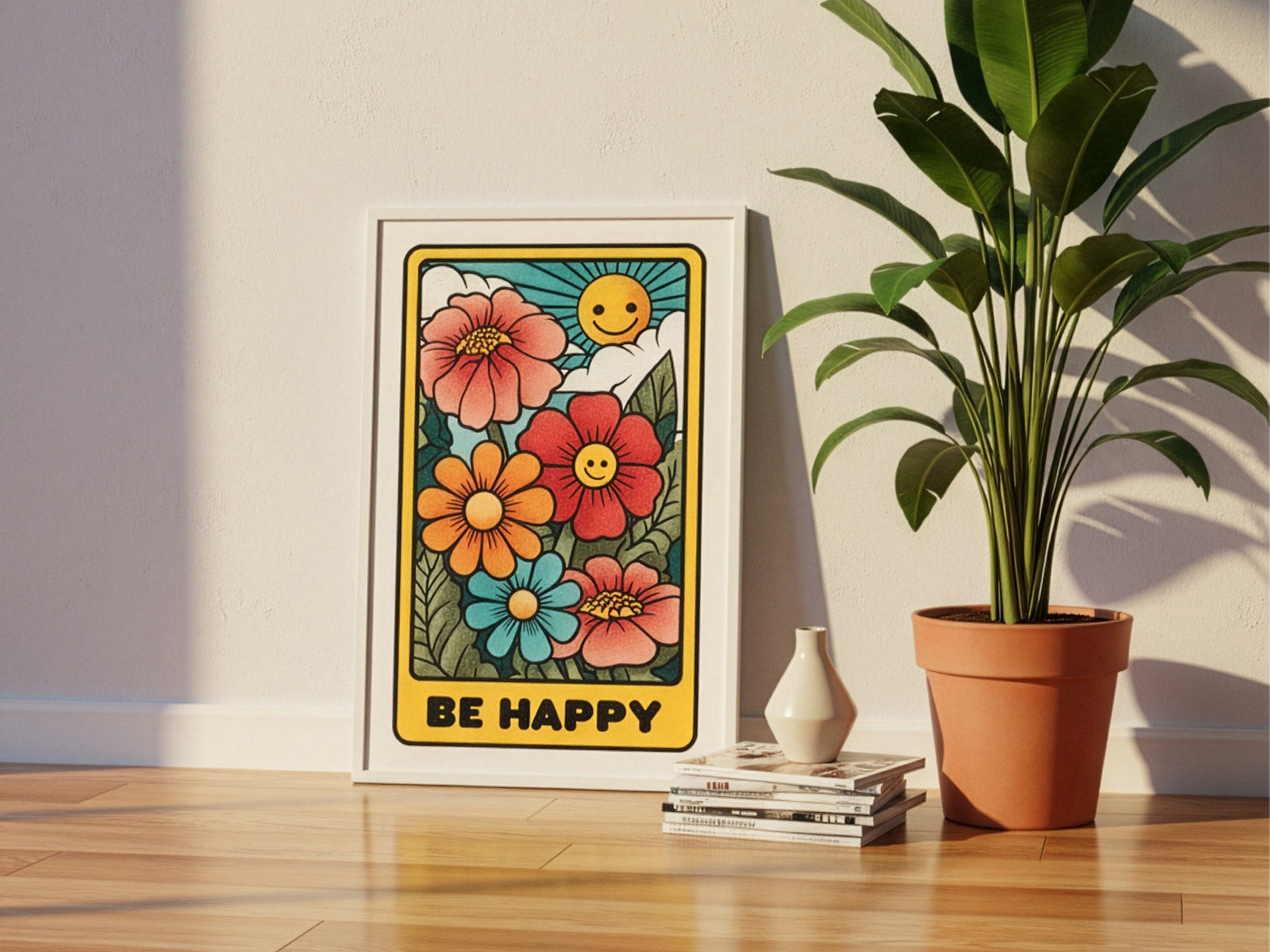 Be Happy motivasyon posteri, yeşil bitkinin yanında yere yaslanmış beyaz çerçeveli