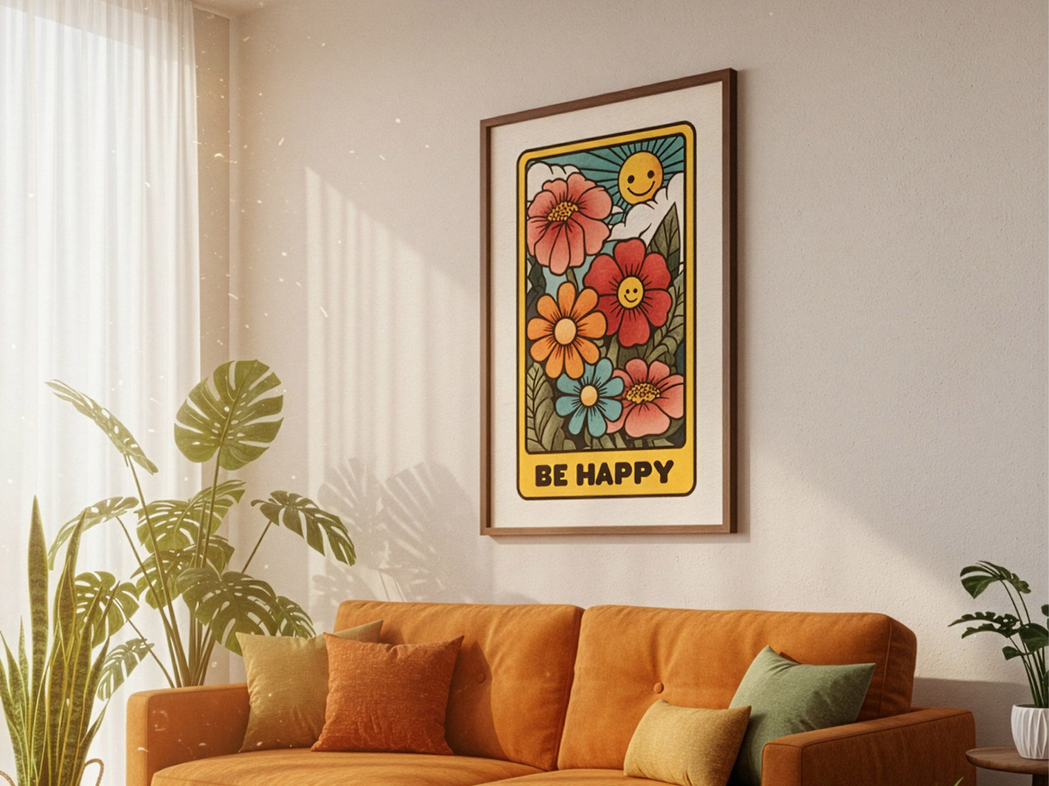 Be Happy retro çiçek posteri, turuncu kanepeli salon duvarında koyu ahşap çerçeveli