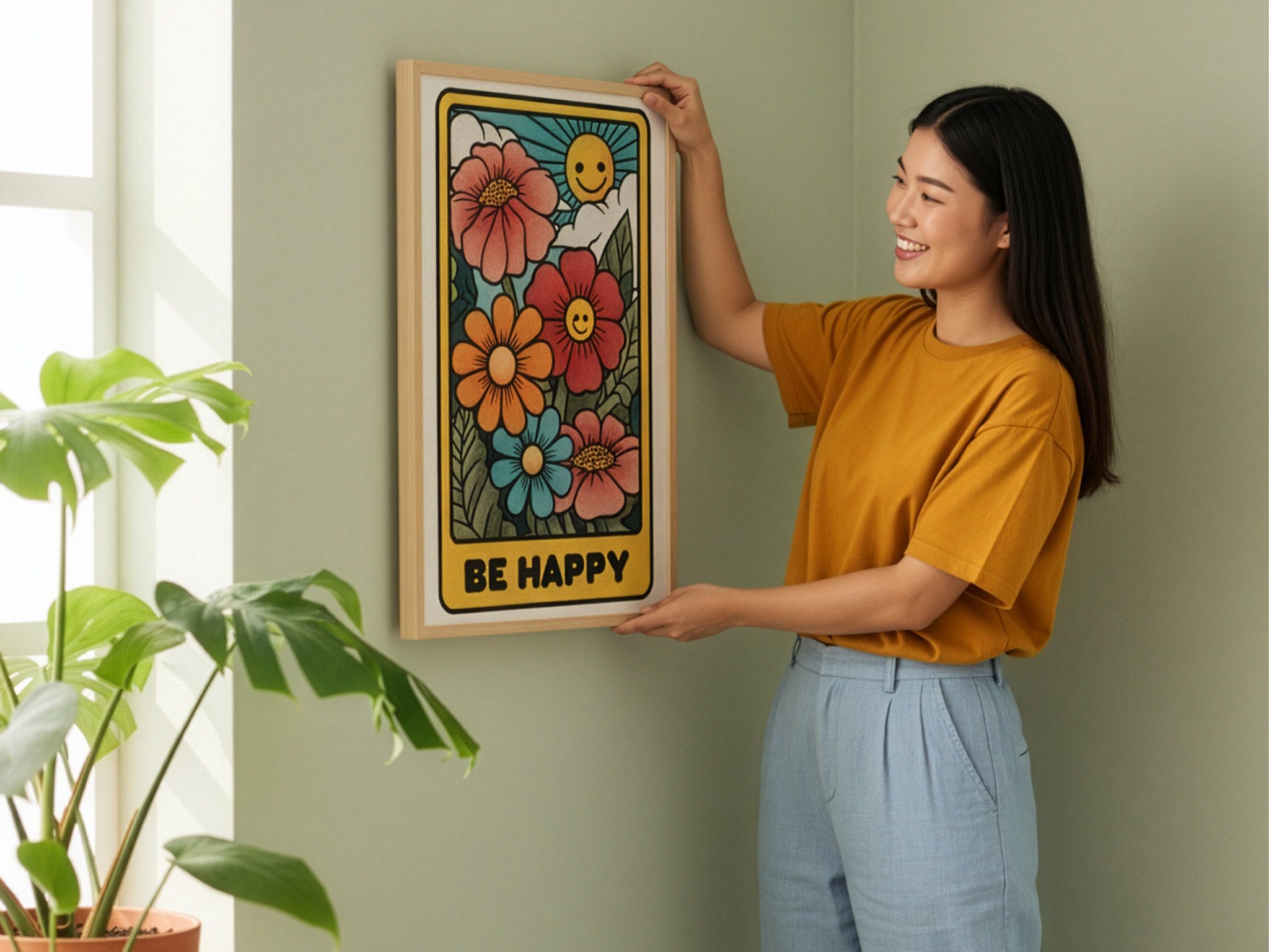Be Happy retro posteri duvara asılırken ölçü karşılaştırması