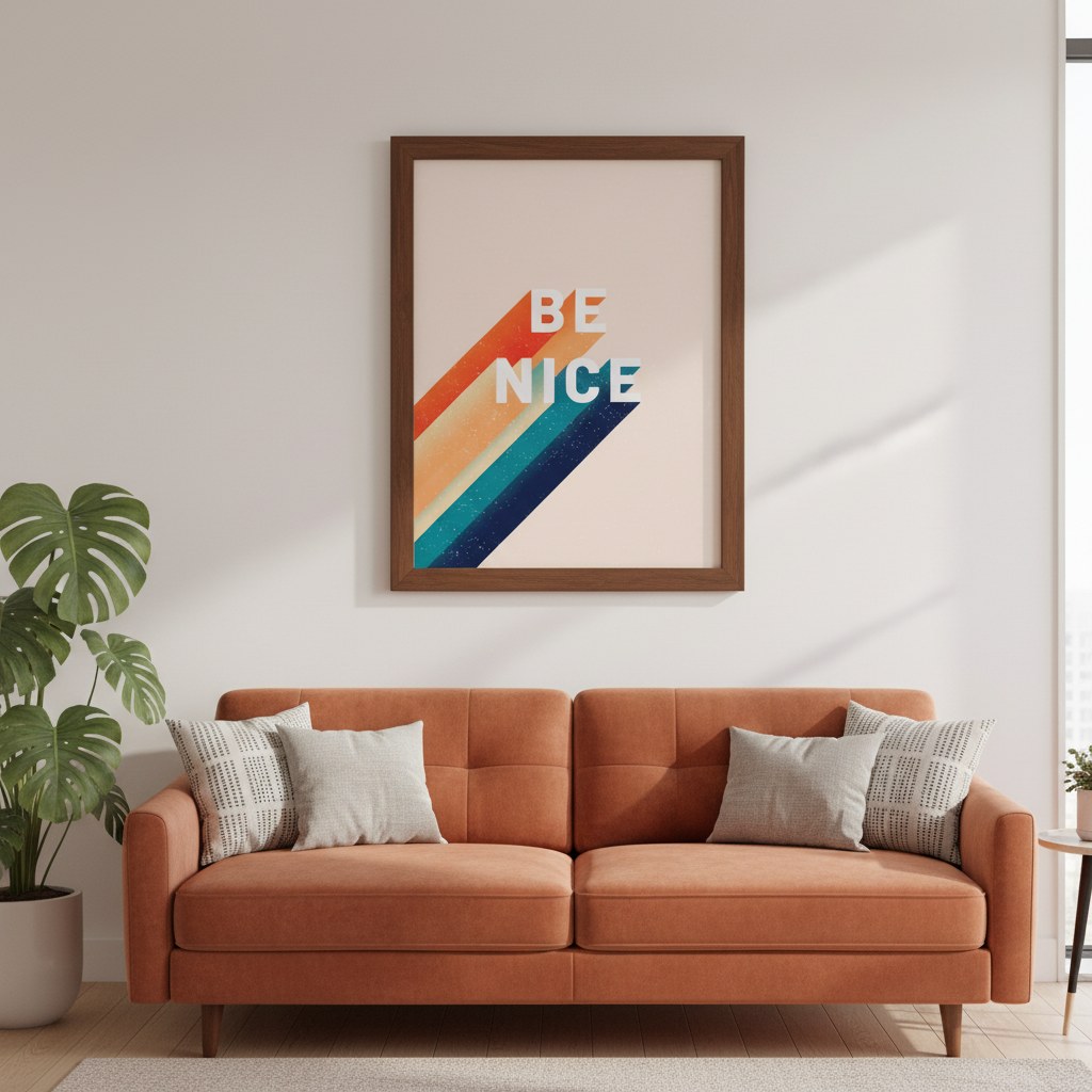 Be Nice çizgili poster, turuncu kanepeli salon duvarında koyu ahşap çerçeveli