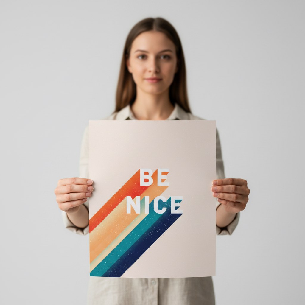 Be Nice retro tipografi posteri, sade duvarda açık ahşap çerçeveli