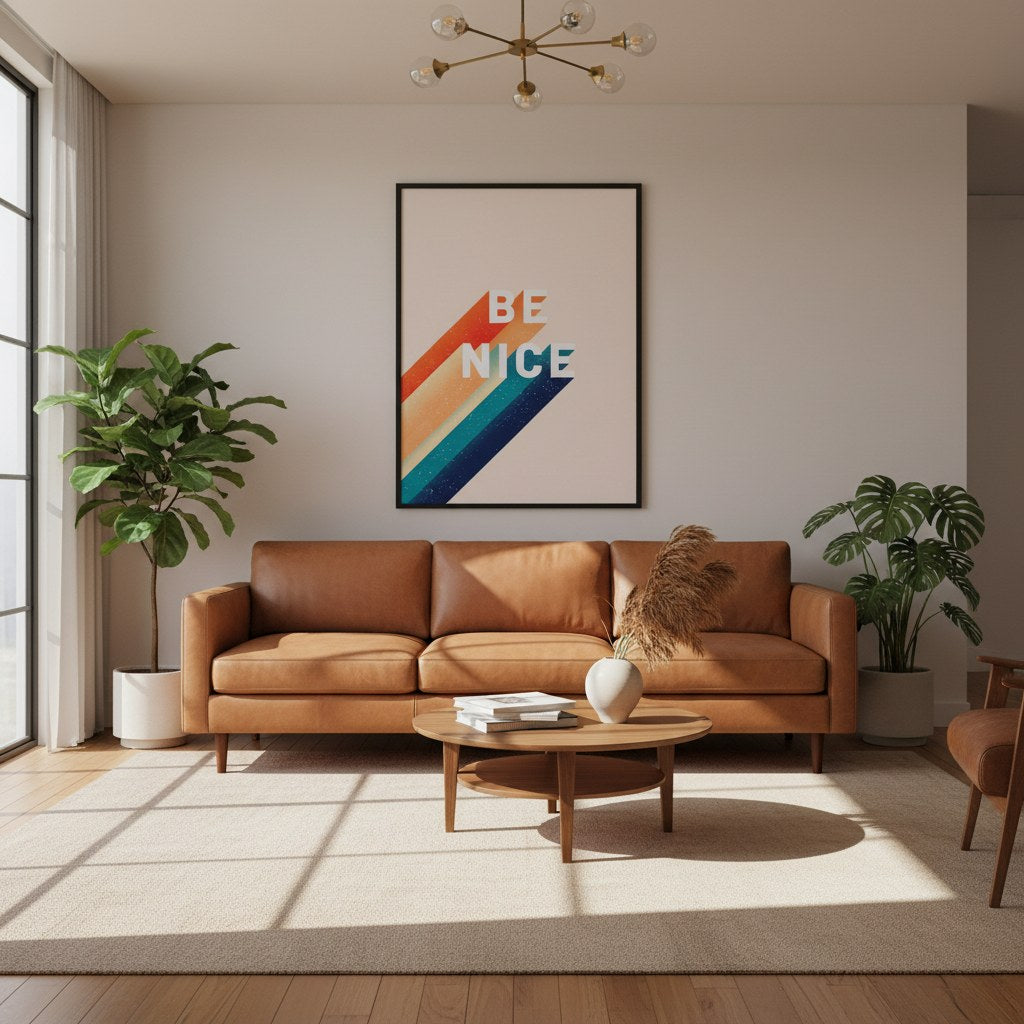 Be Nice tipografi posteri, beton duvarda açılı siyah çerçeveli