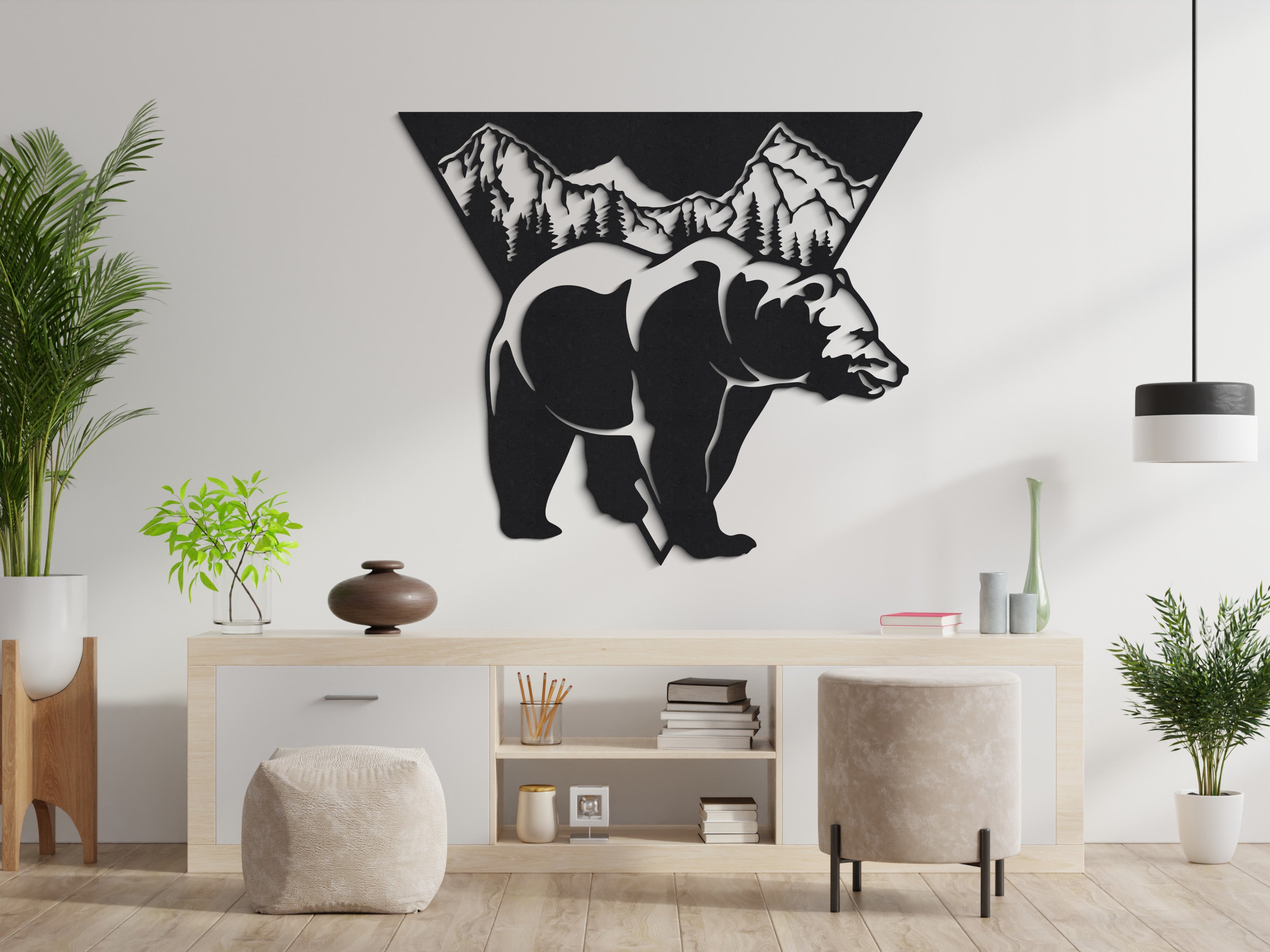 Ayı ve Dağ Temalı Ahşap Duvar Tablosu