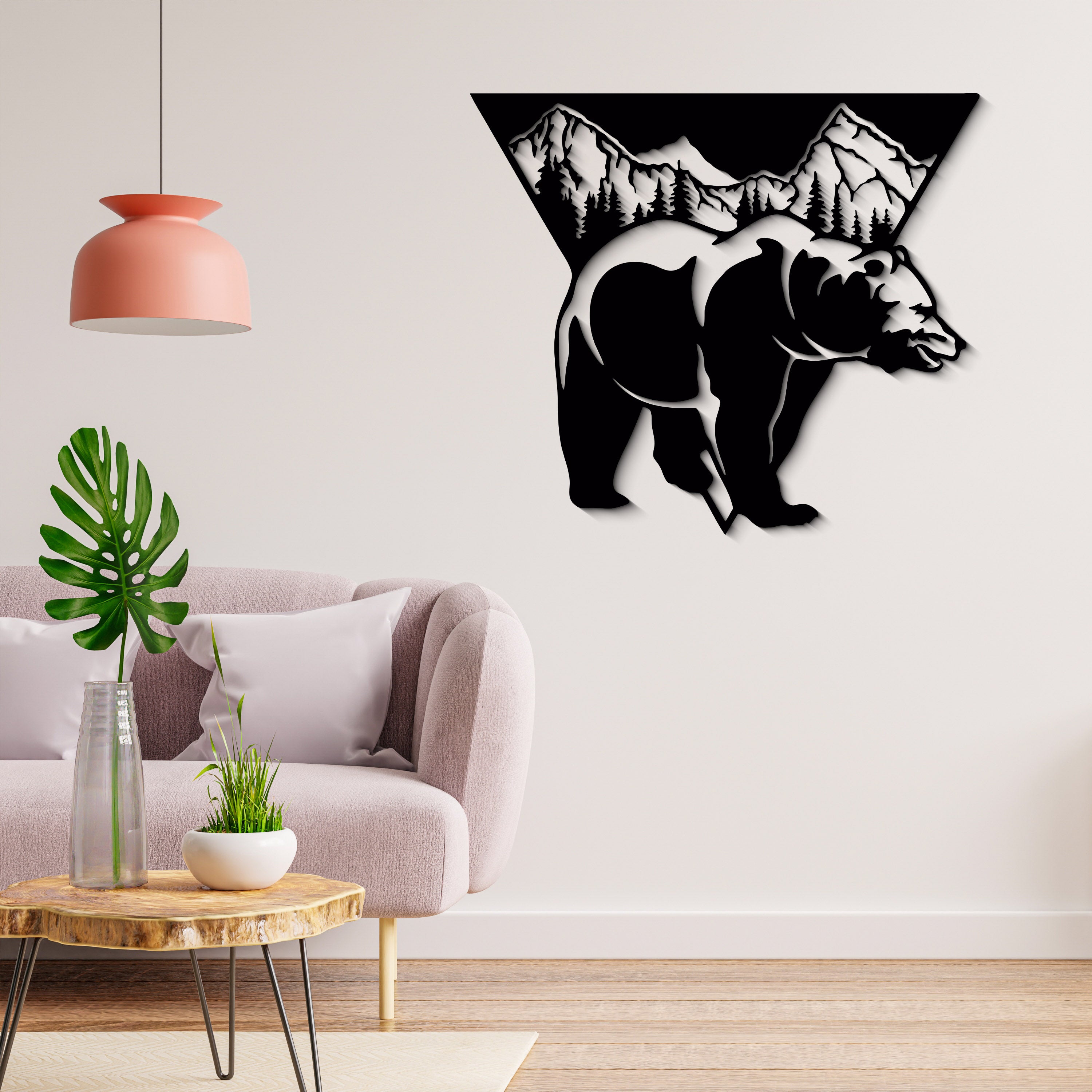 Ayı ve Dağ Temalı Ahşap Duvar Tablosu