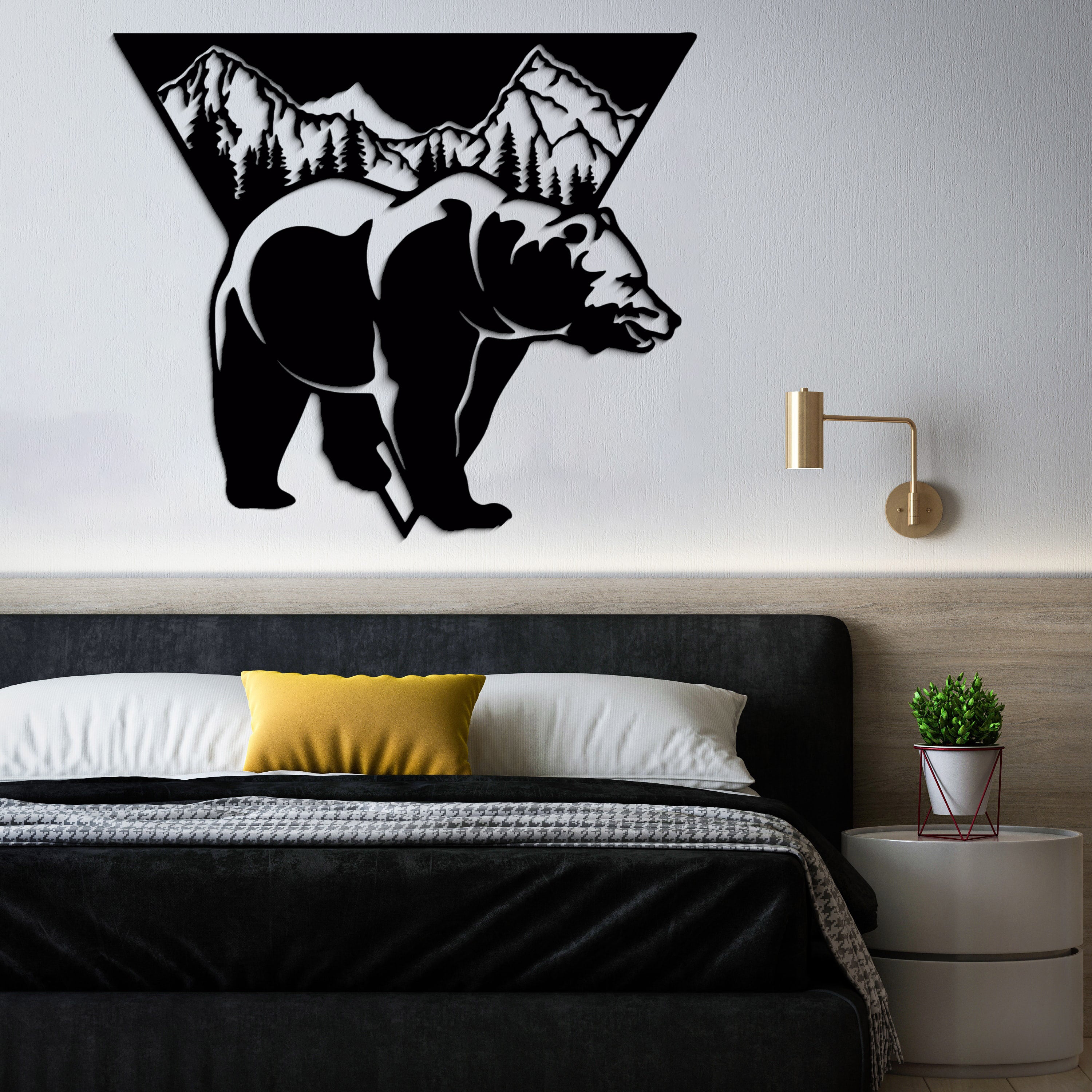 Ayı ve Dağ Temalı Ahşap Duvar Tablosu