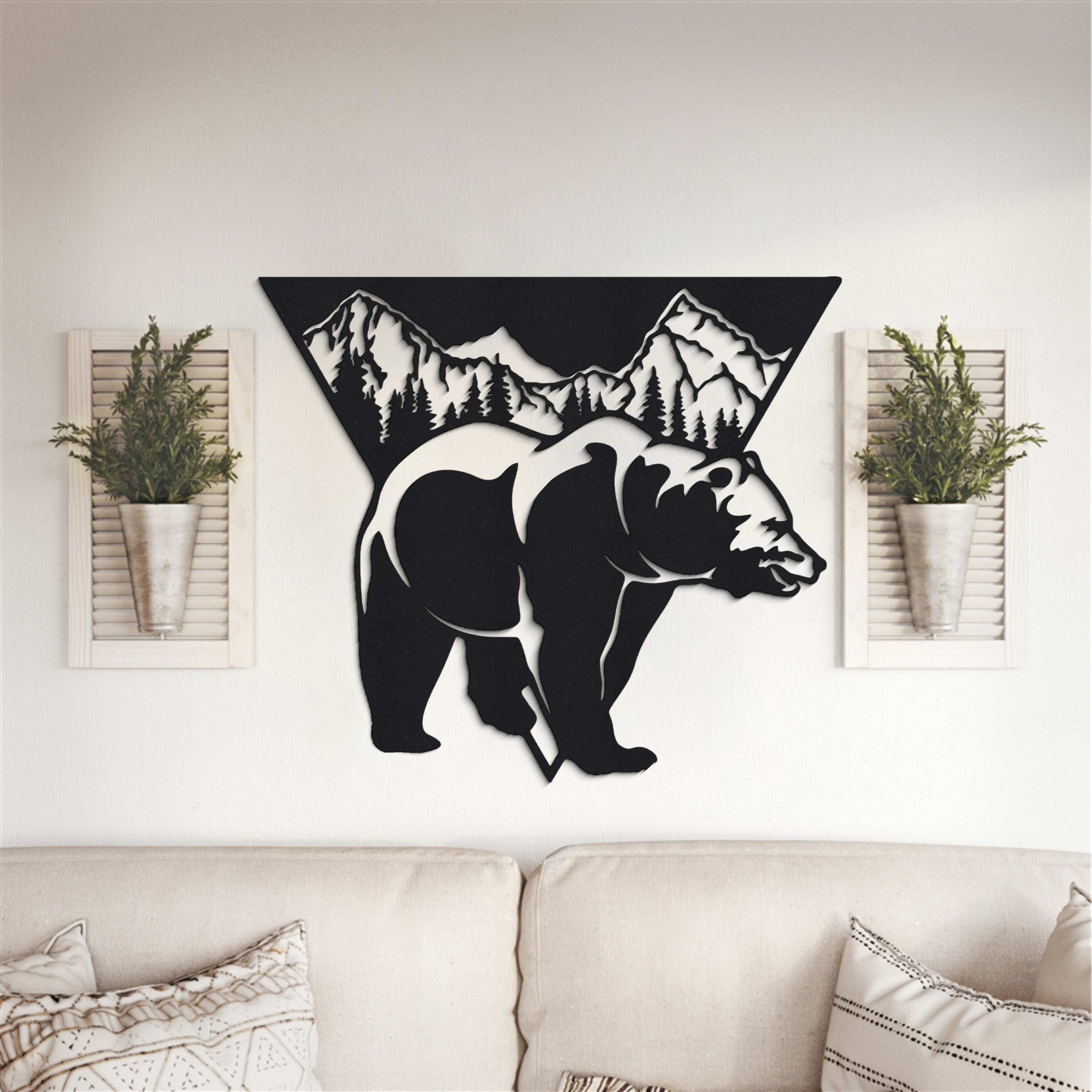 Ayı ve Dağ Temalı Ahşap Duvar Tablosu