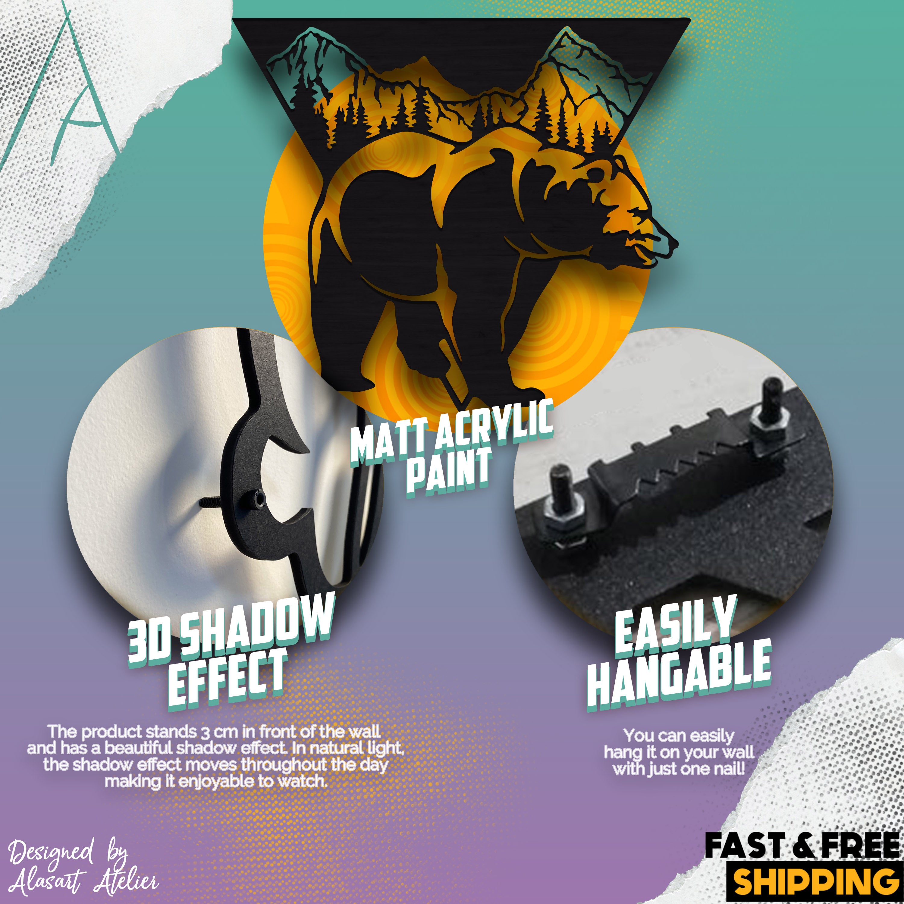 Ayı ve Dağ Temalı Ahşap Duvar Tablosu