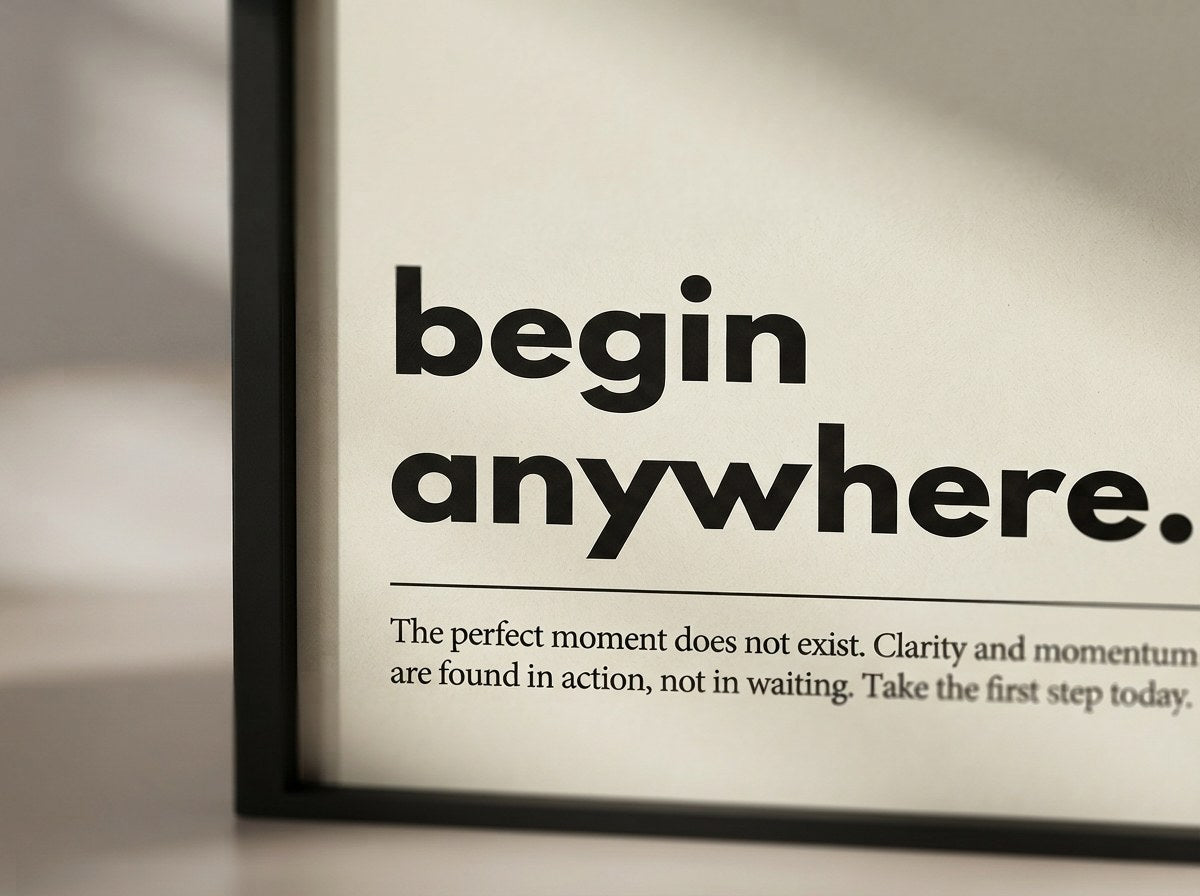 Begin Anywhere posterinin yakın çekimi, mat kağıt baskıda tipografi detayı