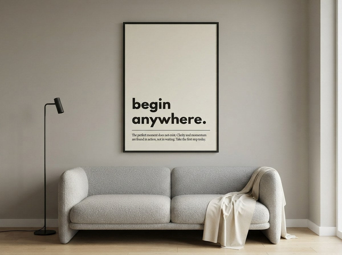 Begin Anywhere motivasyon posteri, salon duvarında bukle kanepe üzerinde çerçeveli