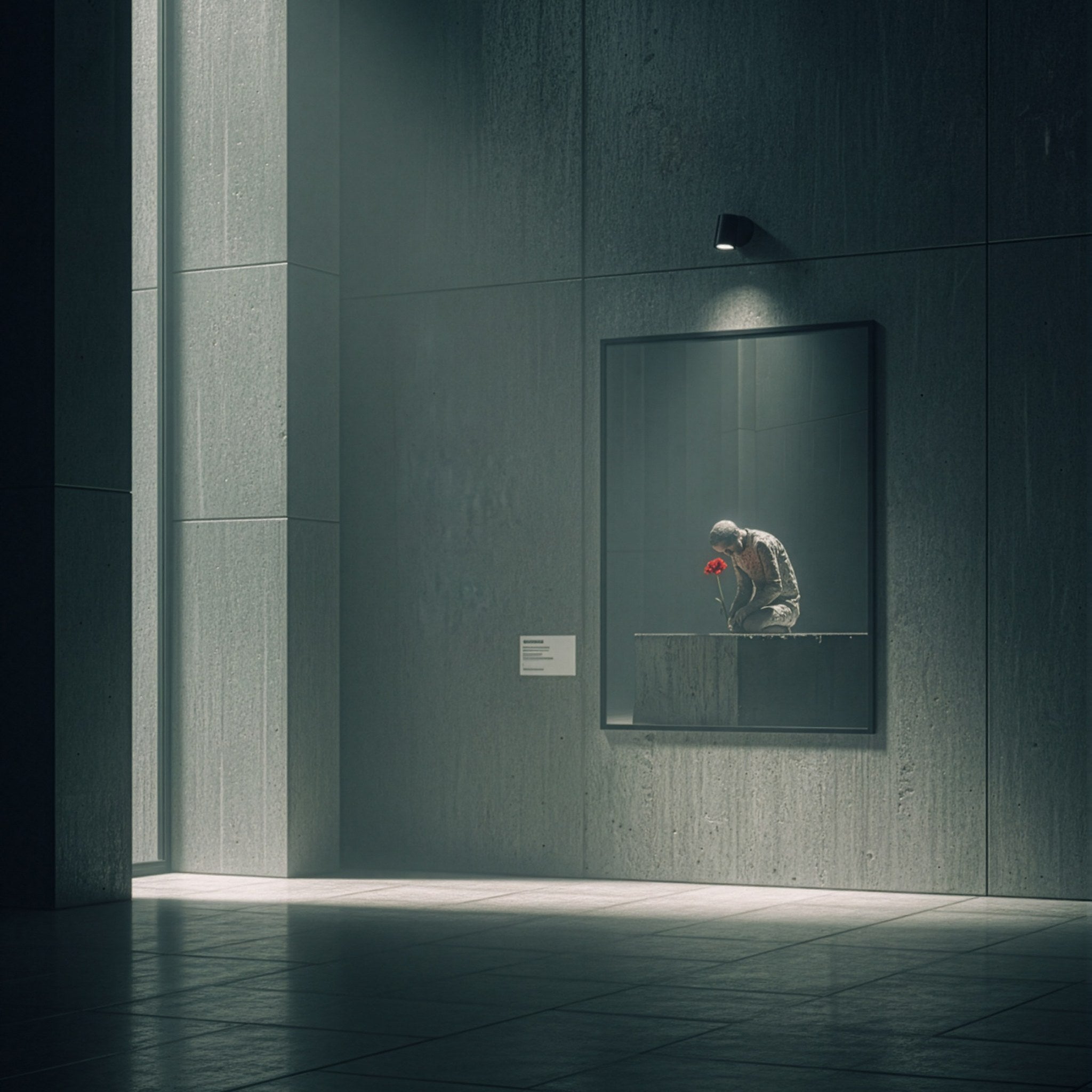 Beton heykel posteri, koyu duvarda spot ışık altında ince çerçeveli