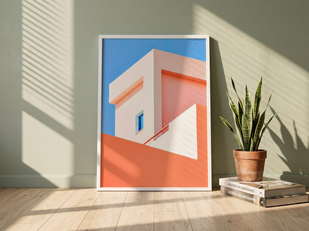 Beyaz modernist yapı posteri, gün ışığında yere yaslanmış beyaz çerçeveli, paşa kılıcı bitkisi ve kitaplarla
