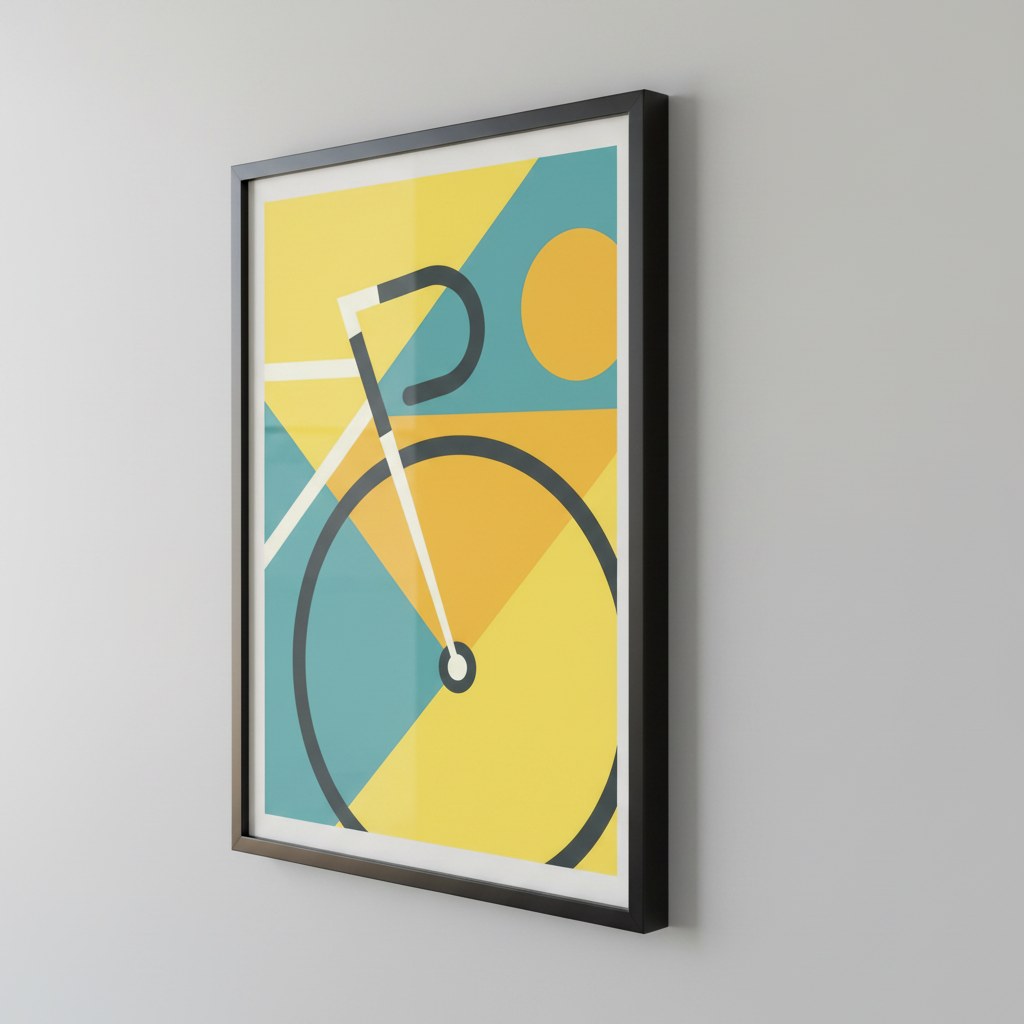 Geometrik bisiklet duvar sanatı, açık gri duvarda açılı duran siyah çerçeveli poster