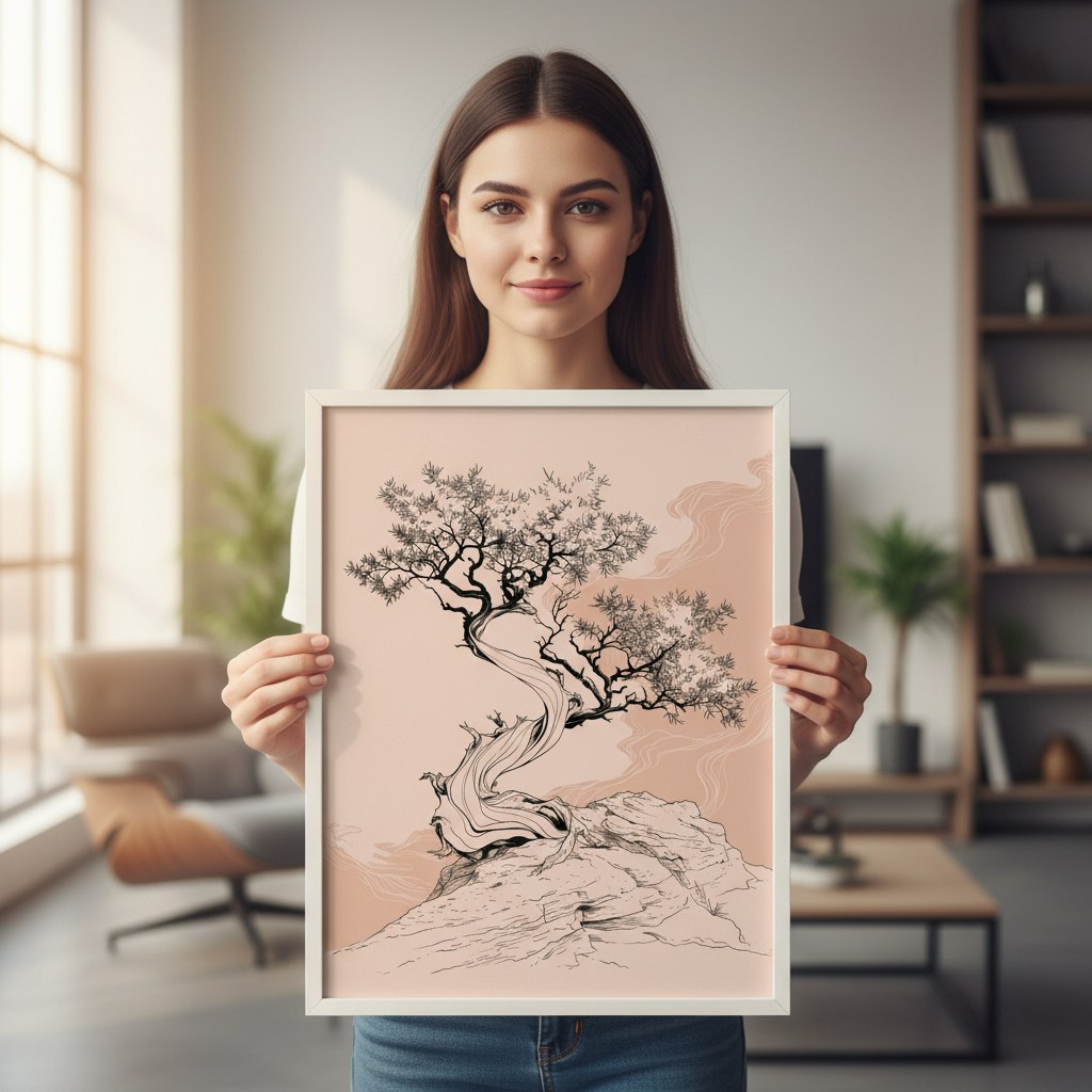 Bonsai posteri çerçevesiyle elde tutulurken ölçü karşılaştırması