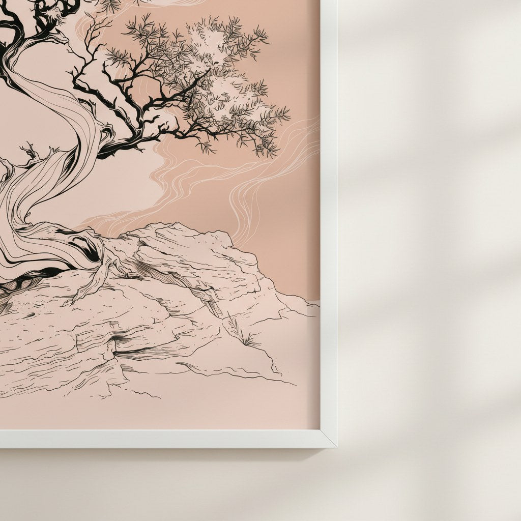 Bonsai posterinin çerçeve köşesinden mat kağıt baskı ve çizgi detayı