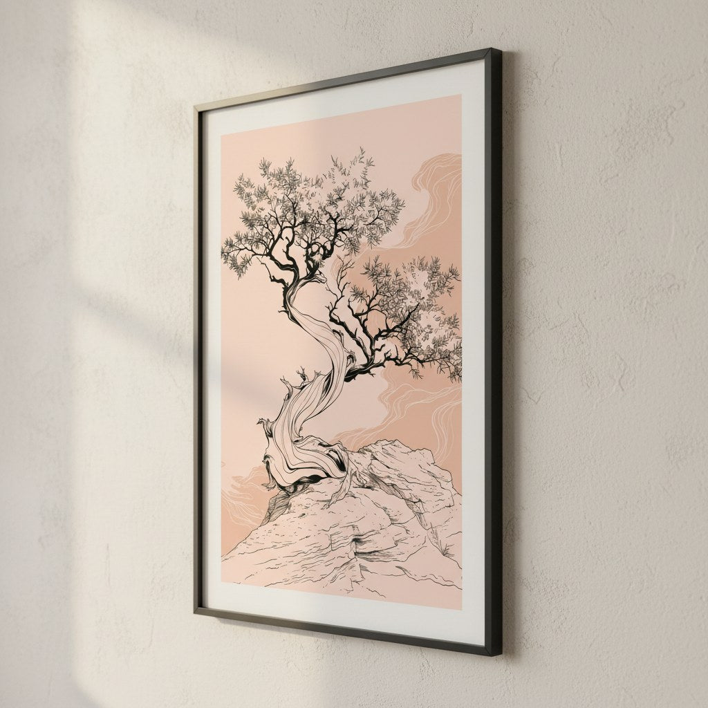 Bonsai çizgi sanatı posteri, dokulu duvarda siyah çerçeve ve paspartuyla