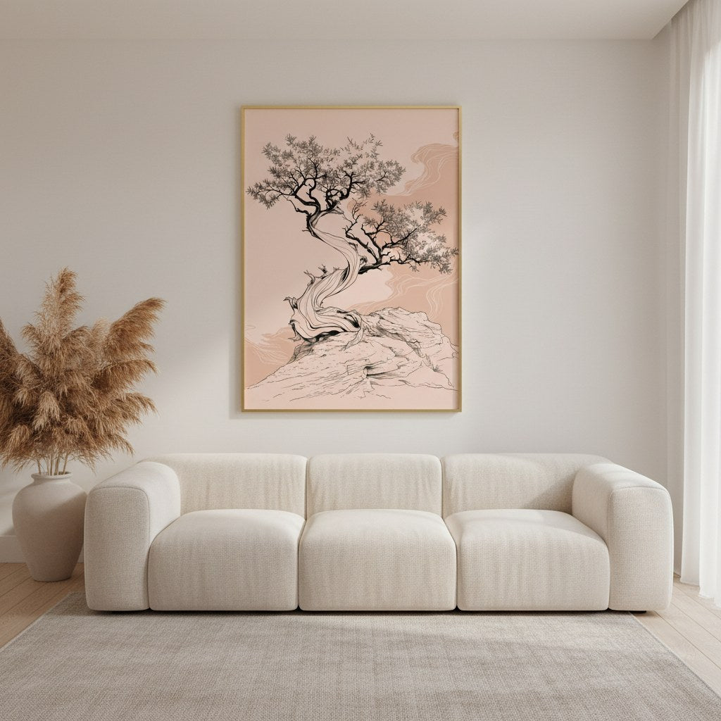 Japon esintili bonsai posteri, salonda beyaz kanepenin üzerinde ahşap çerçeveli
