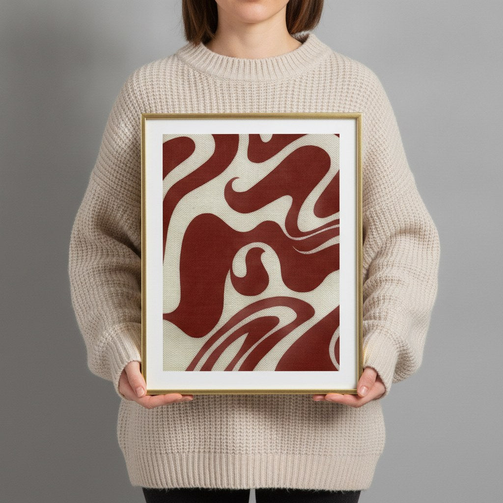 Bordo retro desenli poster, paspartulu çerçevesiyle elde tutularak ölçek gösterimi
