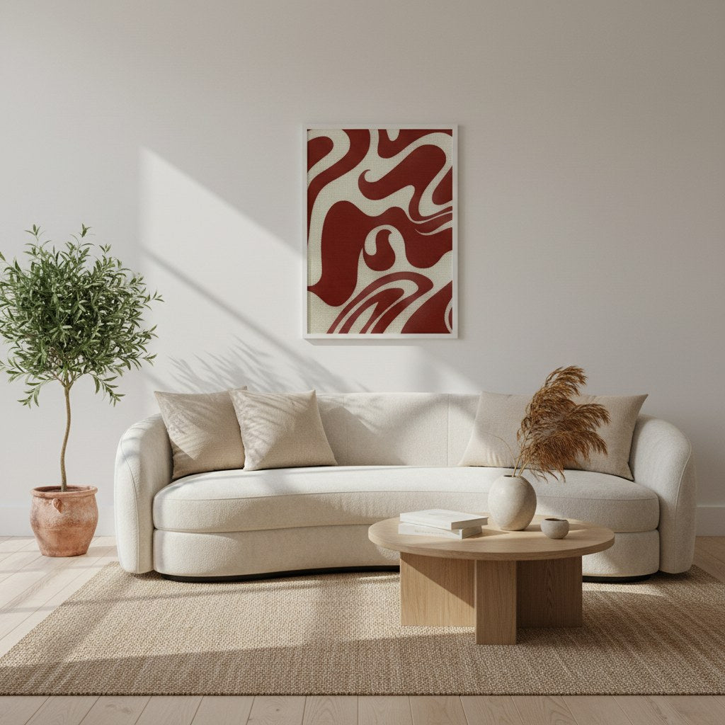 Bordo soyut desen posteri, krem kanepeli salonun duvarında çerçeveli