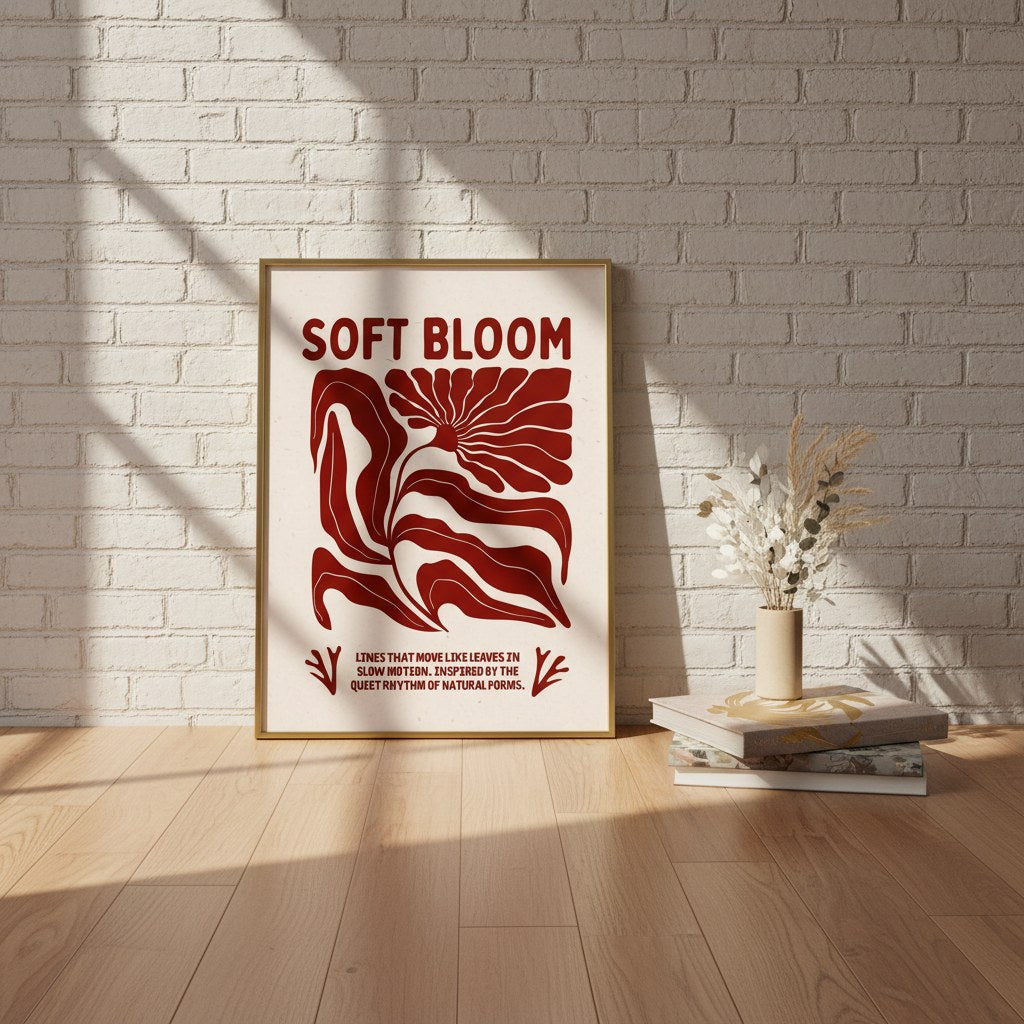 Bordo çiçek formlu poster, beyaz tuğla duvara yaslanmış ahşap çerçeveli, yanında kuru çiçekli vazo