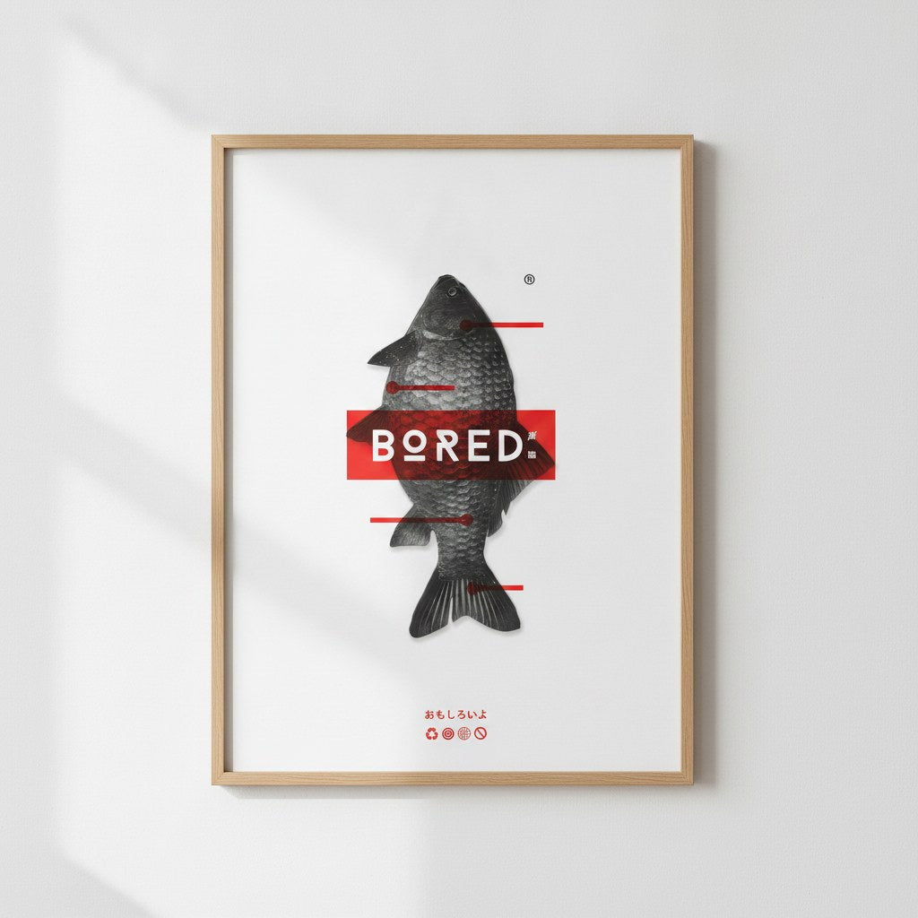 Bored yazılı balık posteri, beyaz duvarda doğal ahşap çerçeveyle