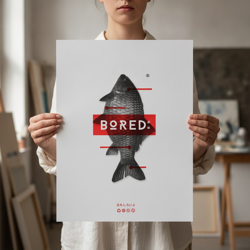 Bored yazılı balık posteri elde tutulurken ölçü karşılaştırması