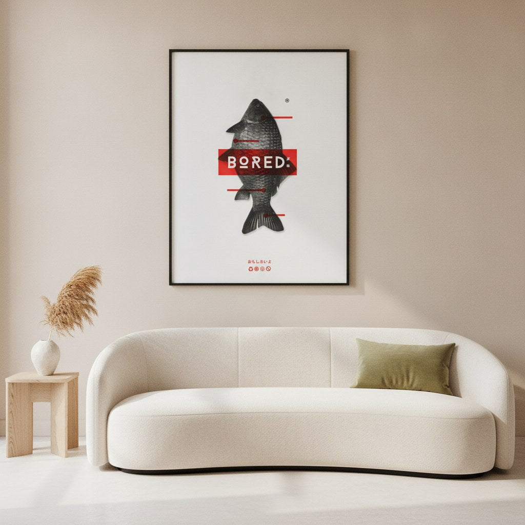 Bored balık posteri, salonda krem kanepenin üzerinde siyah çerçeveli