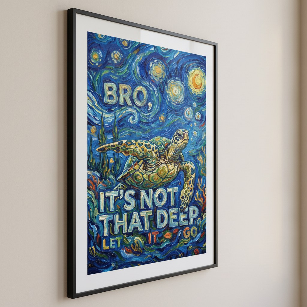 Van Gogh tarzı deniz kaplumbağası posteri, siyah çerçeve ve paspartu ile duvarda
