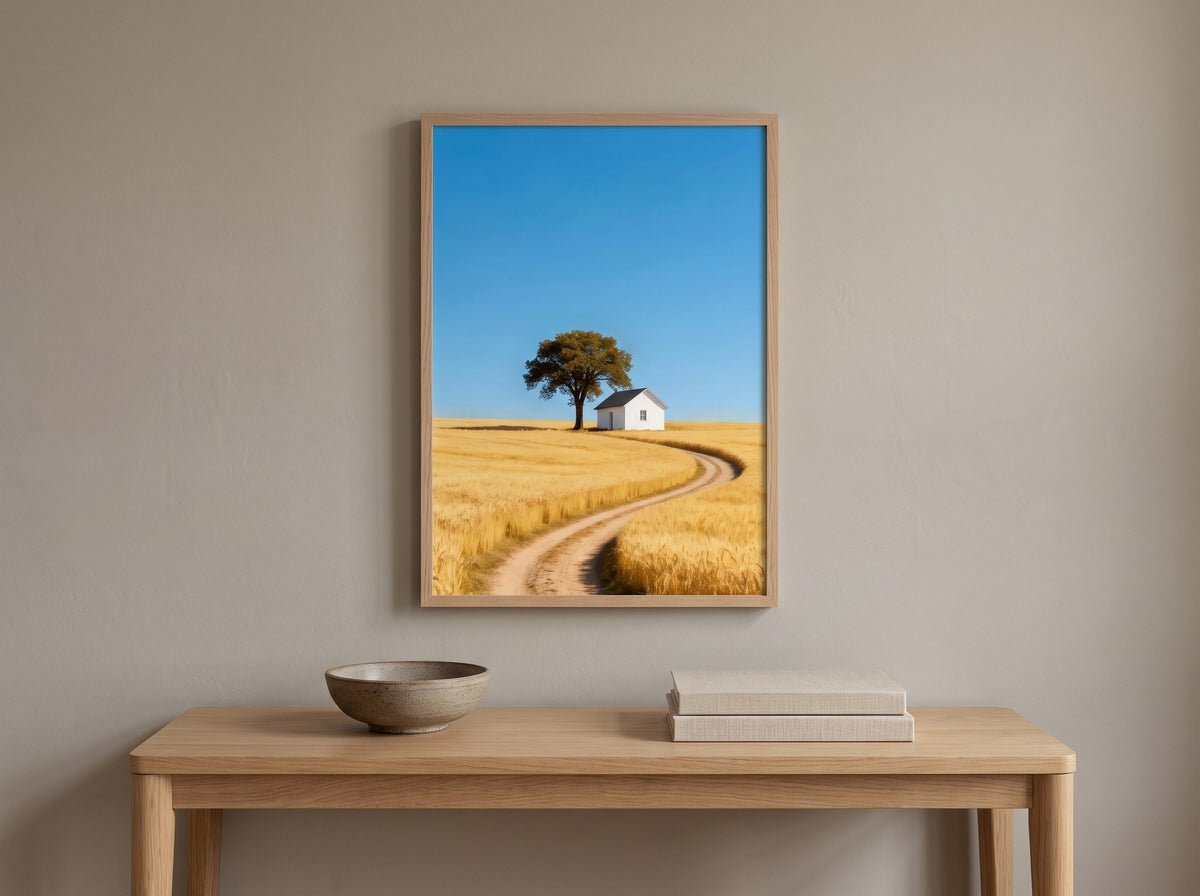 Minimalist kır manzarası posteri, ahşap dresuarın üzerinde seramik kâse ve kitaplarla ahşap çerçeveli