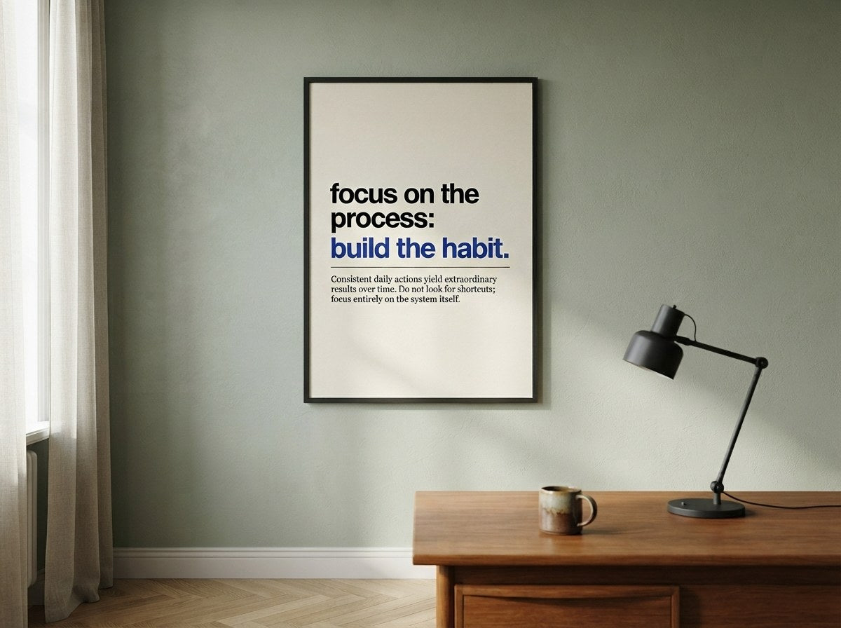 Build the habit yazılı tipografi posteri, ahşap çalışma masasının üzerinde adaçayı yeşili duvarda