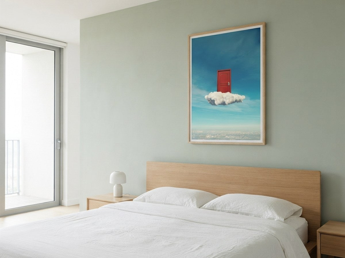 Bulutta kırmızı kapı posteri, yatak odasında başucu duvarında ahşap çerçeveli