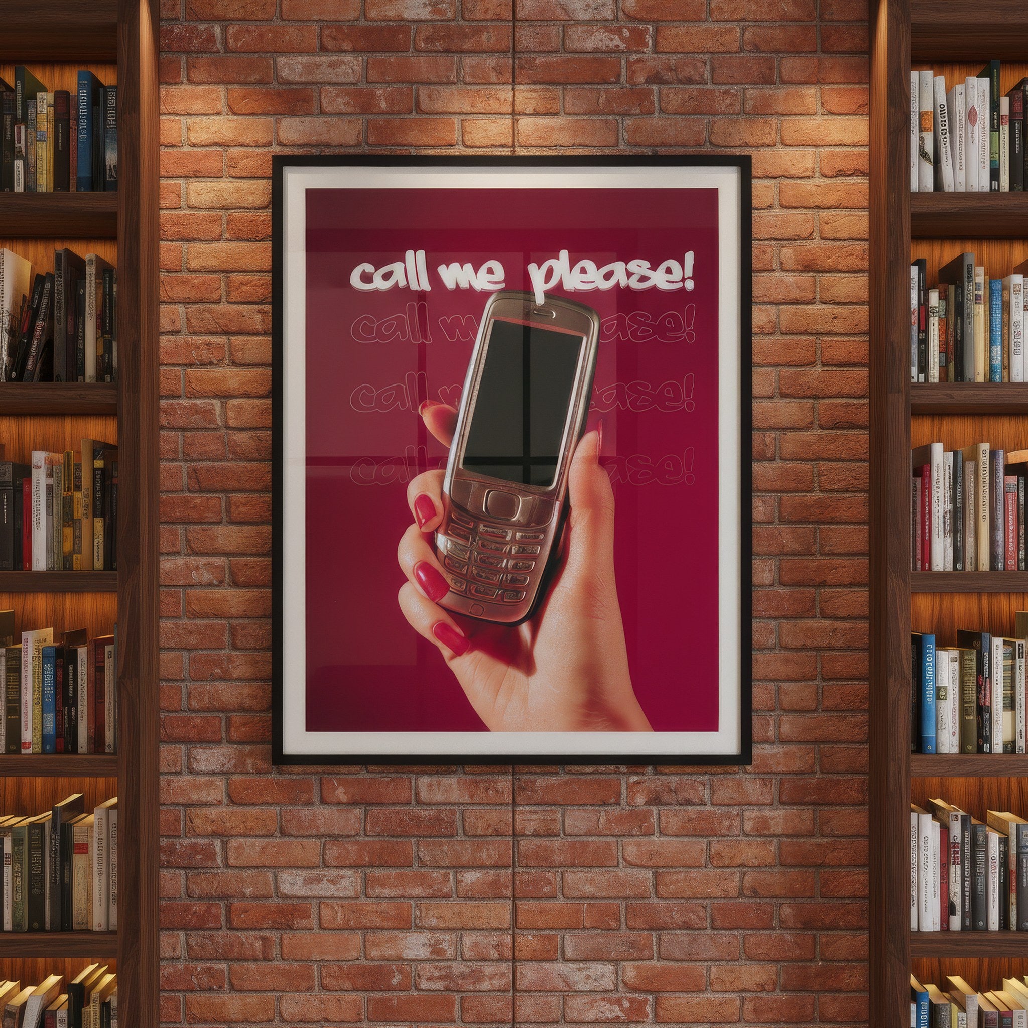 Retro cep telefonu posteri, kitaplıkların arasındaki tuğla duvarda siyah çerçeveli
