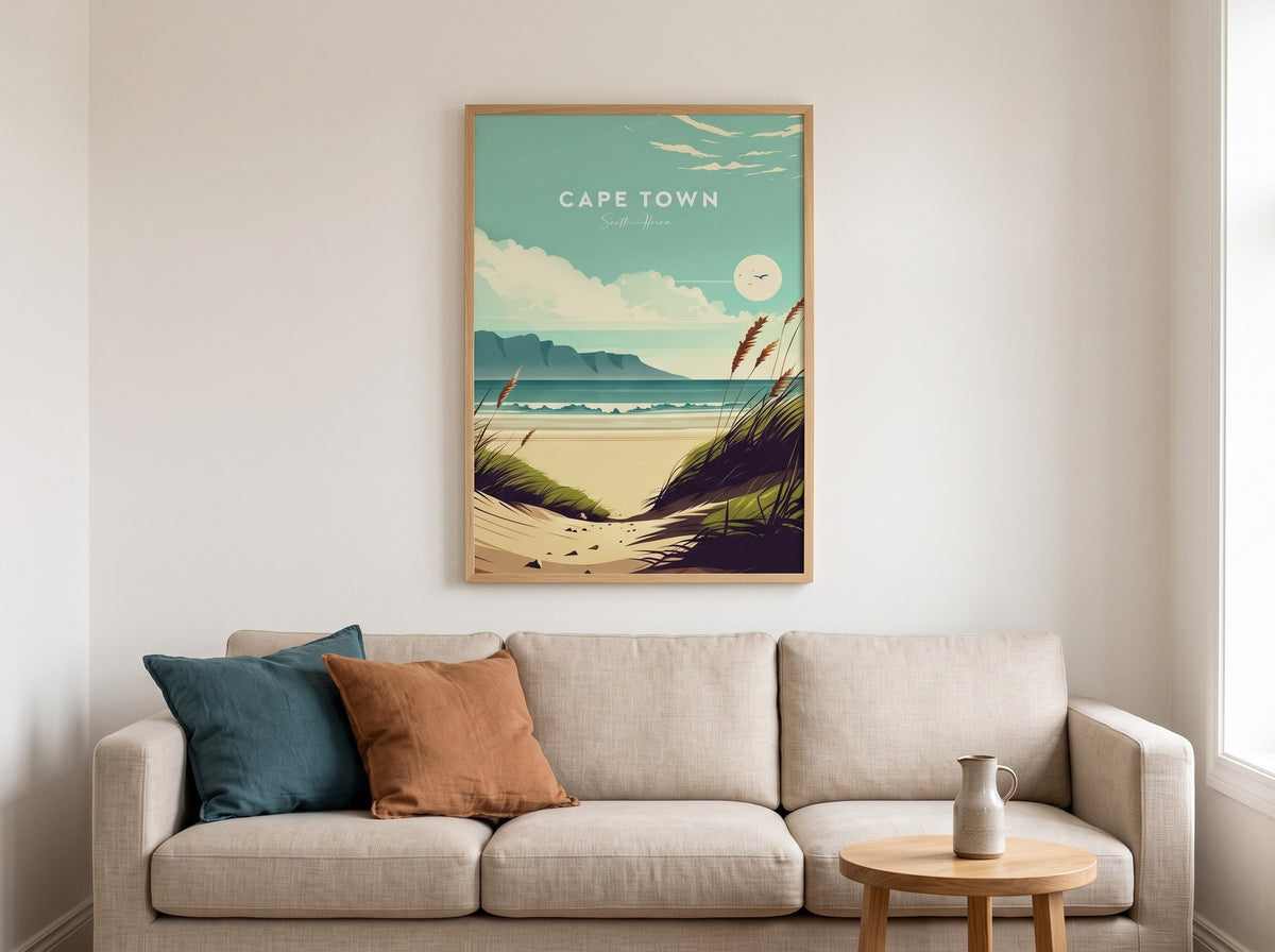 Retro Cape Town seyahat posteri, salonda bej kanepenin üzerinde beyaz duvarda ahşap çerçeveli