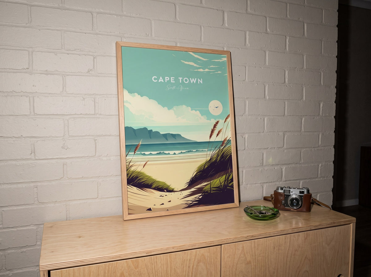 Cape Town retro plaj posteri, beyaz tuğla duvar önünde dolaba yaslanmış ahşap çerçeveli, eski fotoğraf makinesiyle